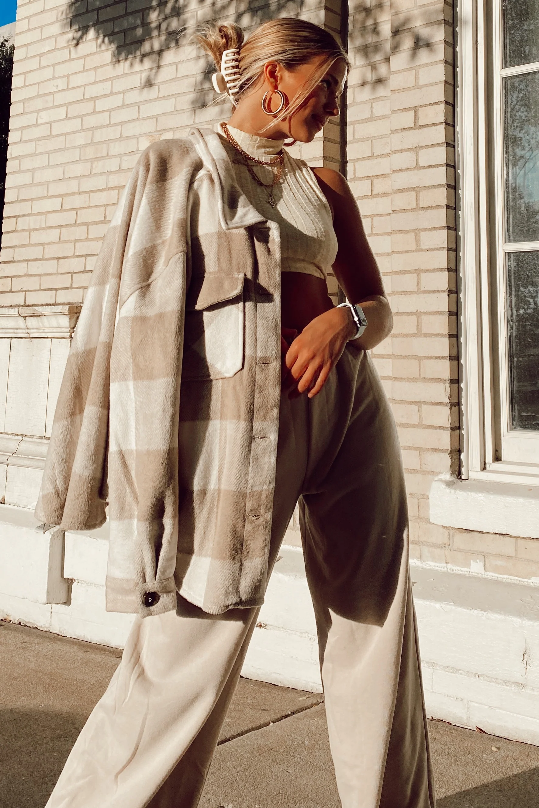 Beige Plaid Knit Maternity Shirt Jacket - Image 26