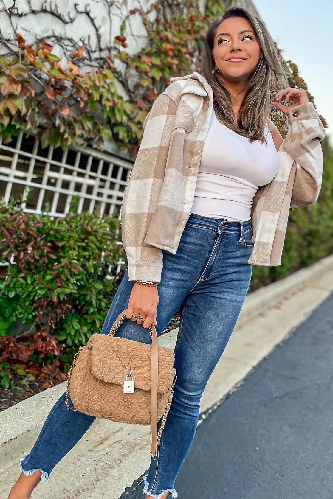 Beige Plaid Knit Shirt Jacket - Image 38