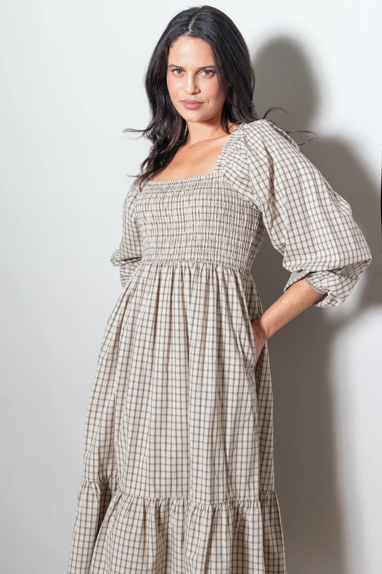 Beige Plaid Smocked Puff Sleeve Maternity Midi Dress - Image 5