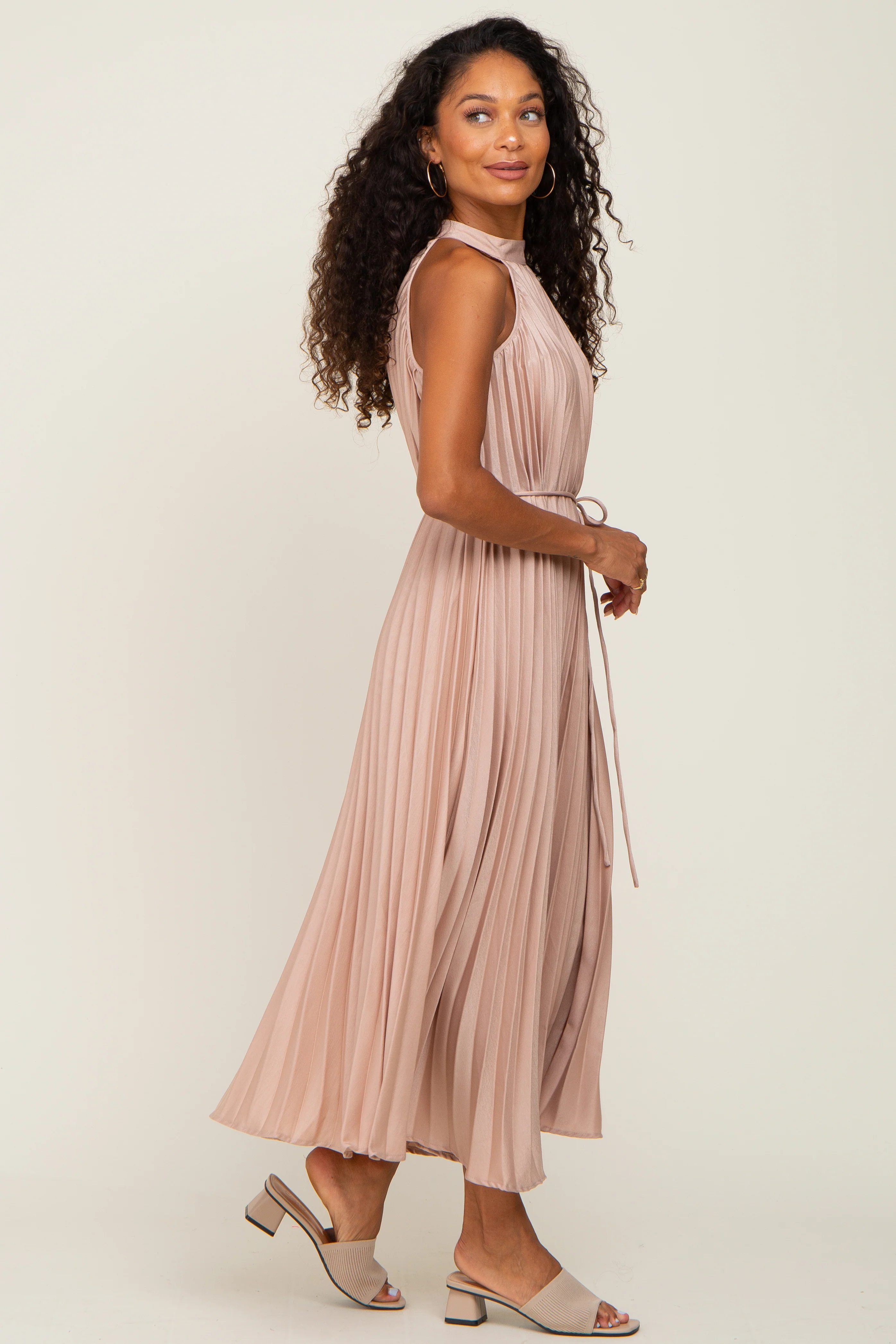 Beige Pleated Halter Dress - Image 2