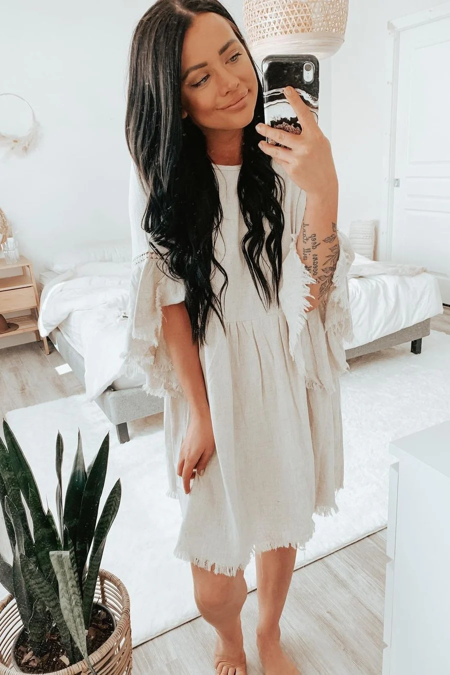 Beige Raw Edge Bell Sleeve Babydoll Dress - Image 15