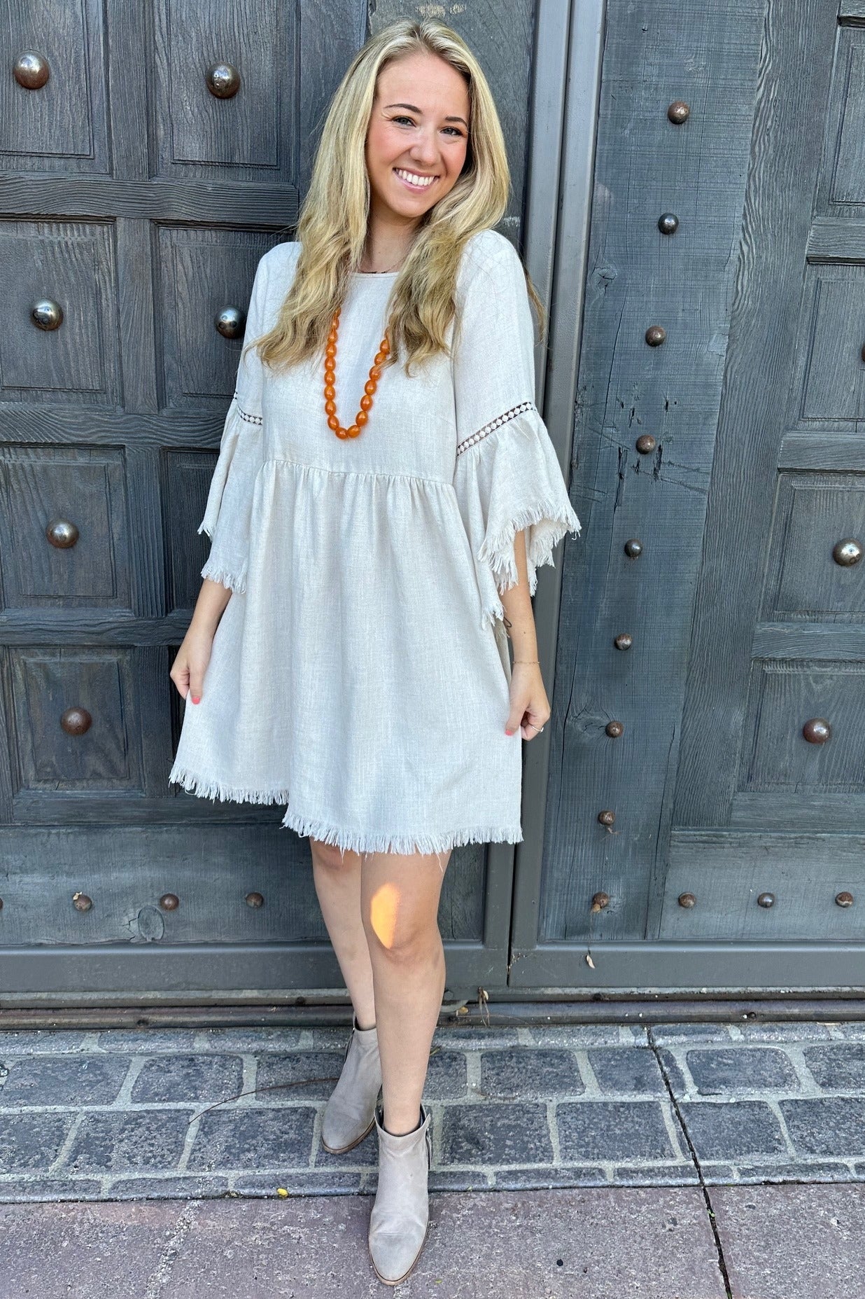 Beige Raw Edge Bell Sleeve Babydoll Dress - Image 23