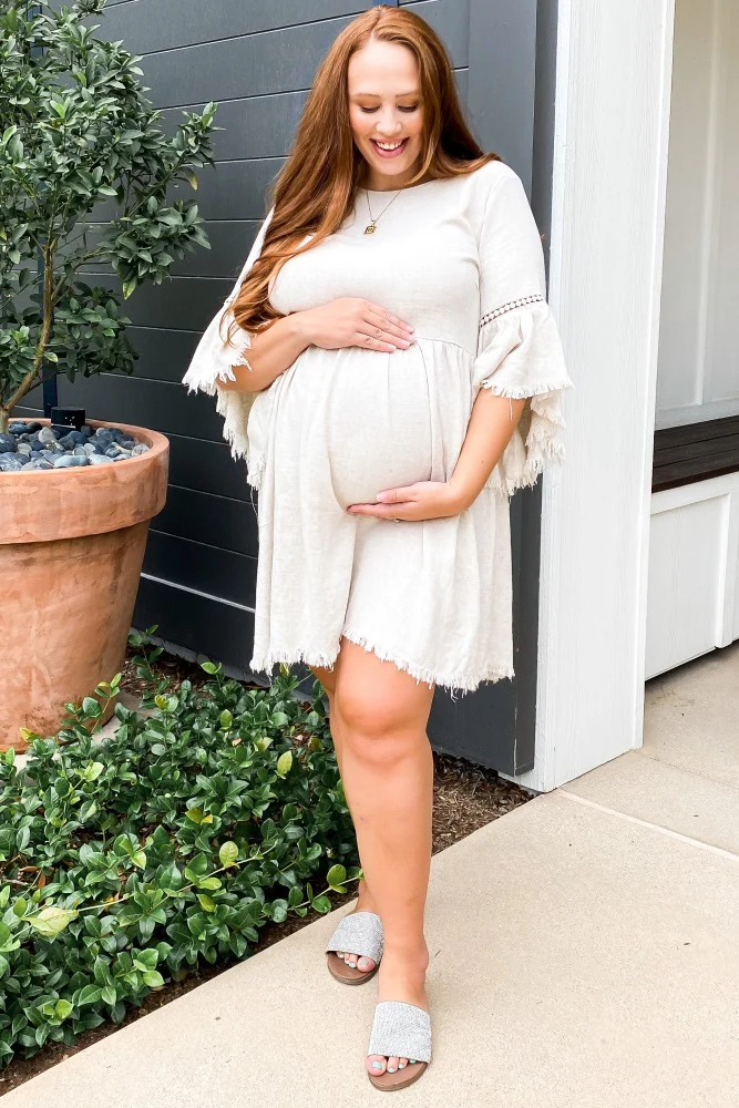 Beige Raw Edge Bell Sleeve Babydoll Maternity Dress - Image 13