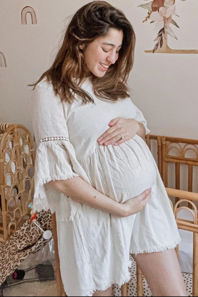 Beige Raw Edge Bell Sleeve Babydoll Maternity Dress - Image 14