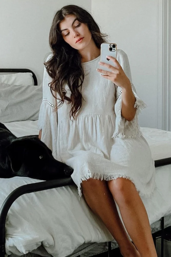 Beige Raw Edge Bell Sleeve Babydoll Maternity Dress - Image 16
