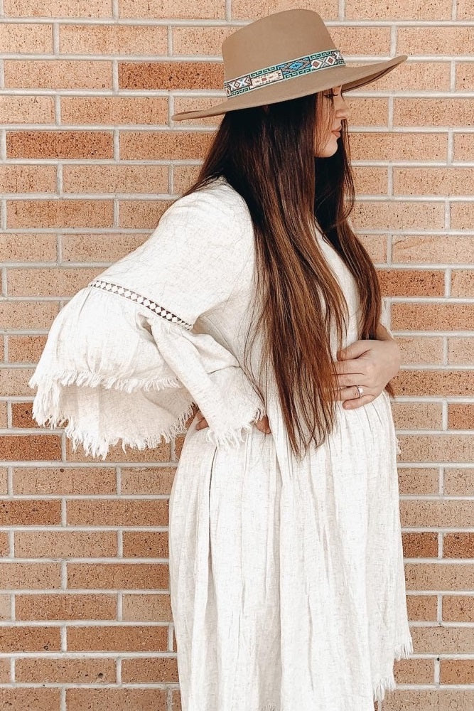 Beige Raw Edge Bell Sleeve Babydoll Maternity Dress - Image 21