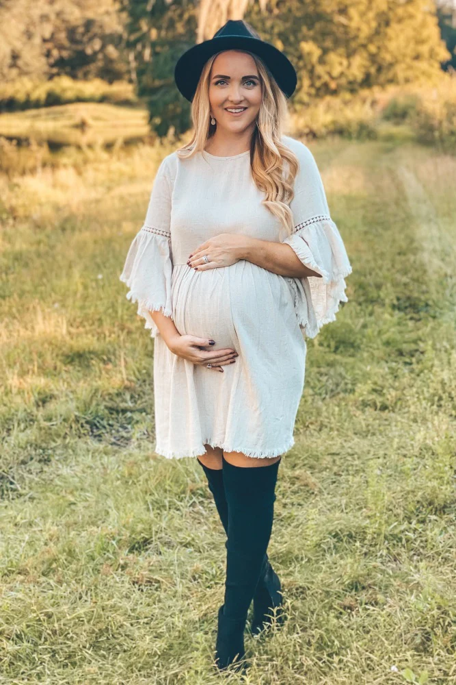 Beige Raw Edge Bell Sleeve Babydoll Maternity Dress - Image 38