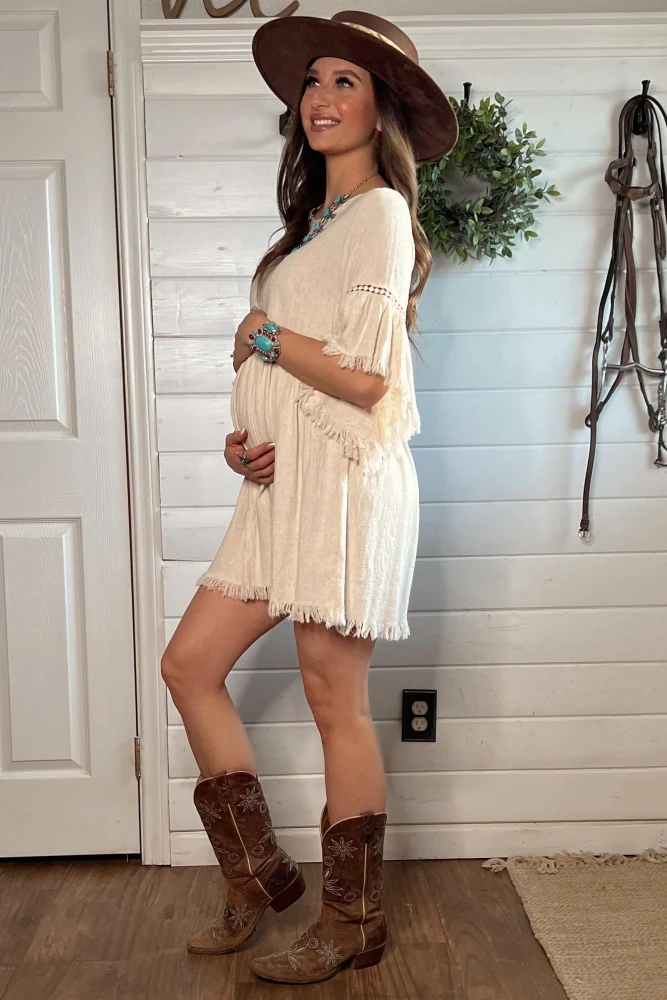 Beige Raw Edge Bell Sleeve Babydoll Maternity Dress - Image 41
