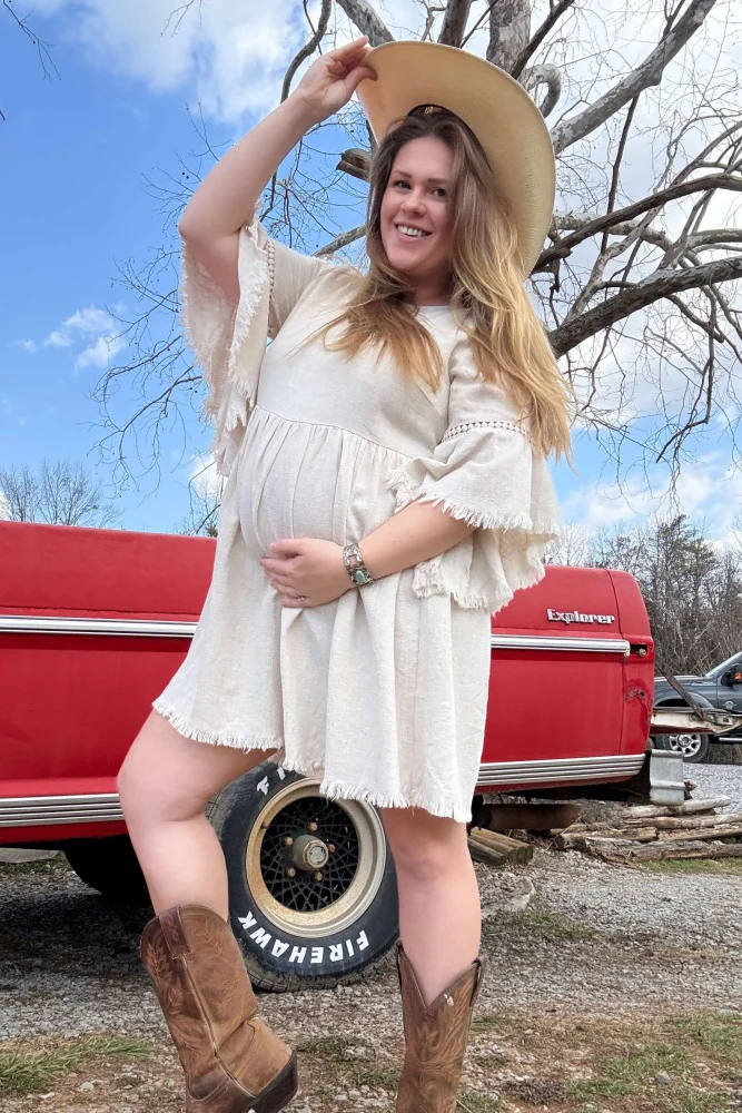Beige Raw Edge Bell Sleeve Babydoll Maternity Dress - Image 42