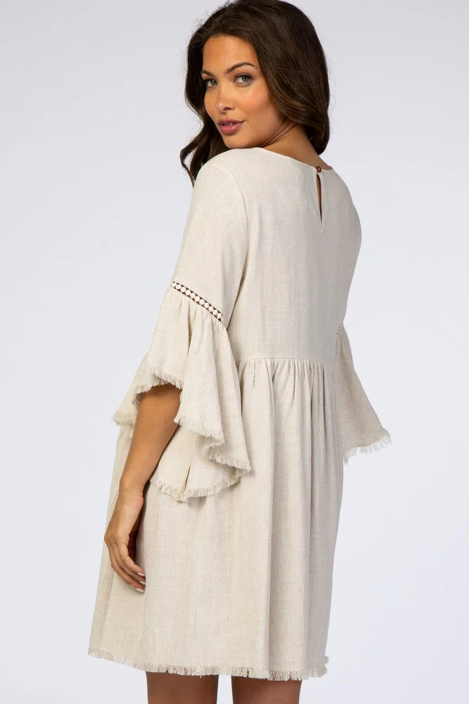 Beige Raw Edge Bell Sleeve Babydoll Maternity Dress - Image 6