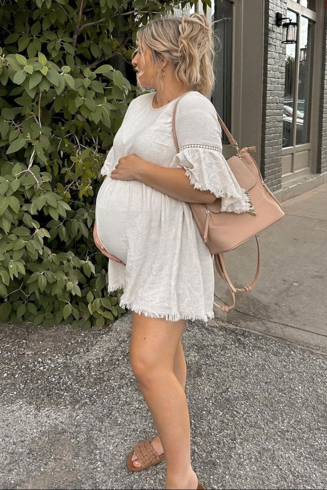 Beige Raw Edge Bell Sleeve Babydoll Maternity Dress - Image 9