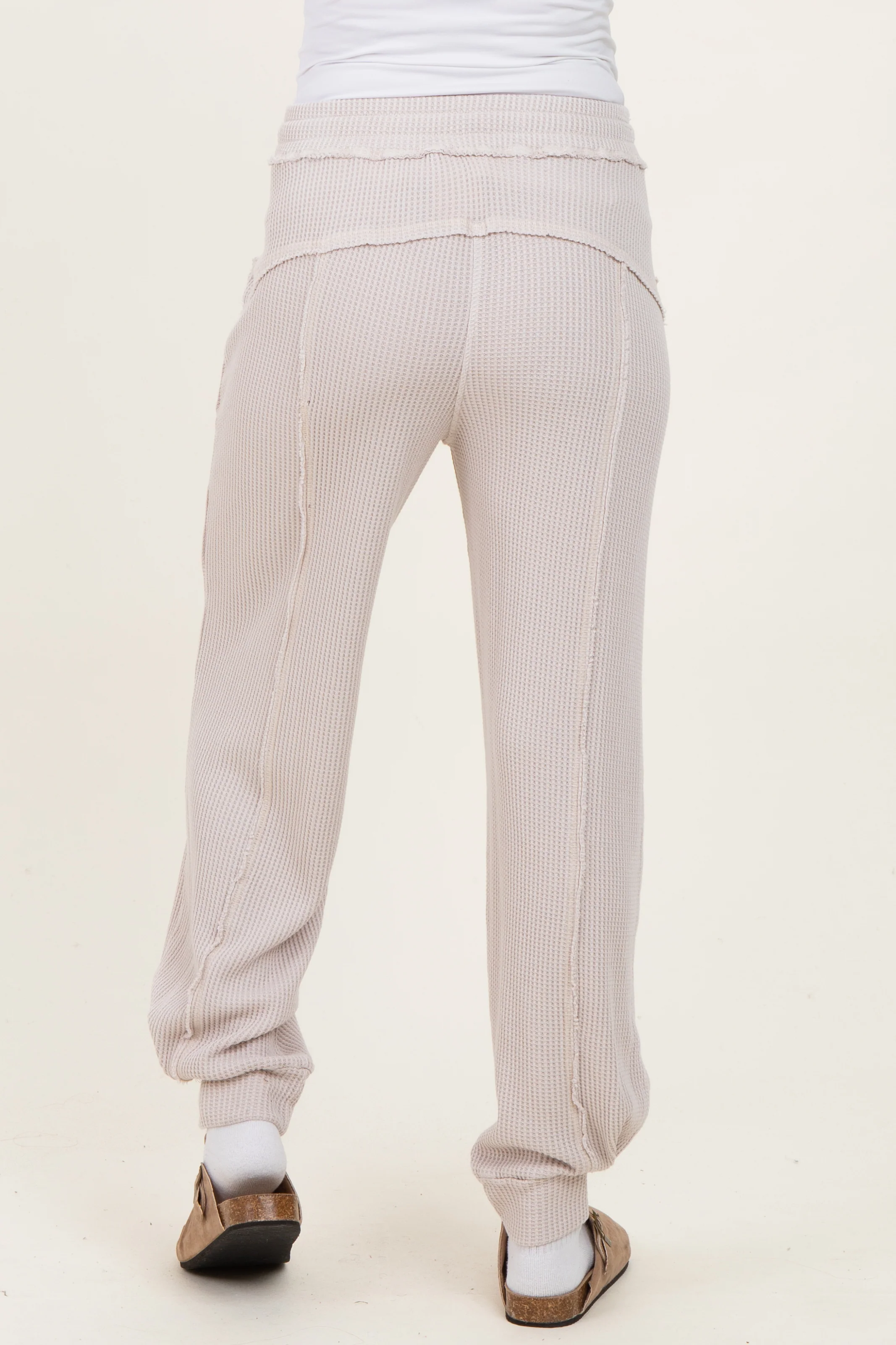 Beige Raw Seam Waffle Knit Maternity Joggers - Image 4