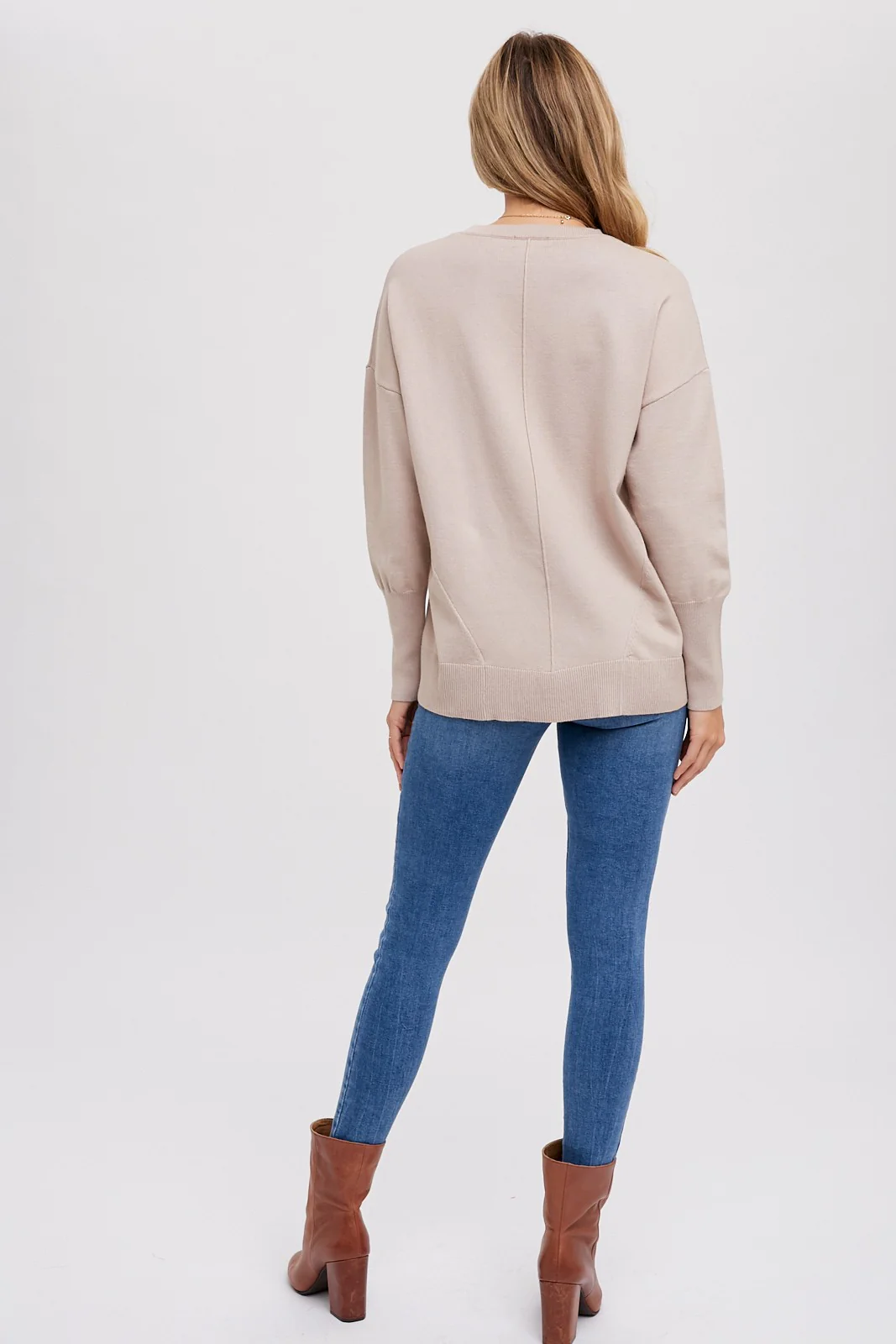 Beige Rib Knit Exposed Seam Sweater - Image 3