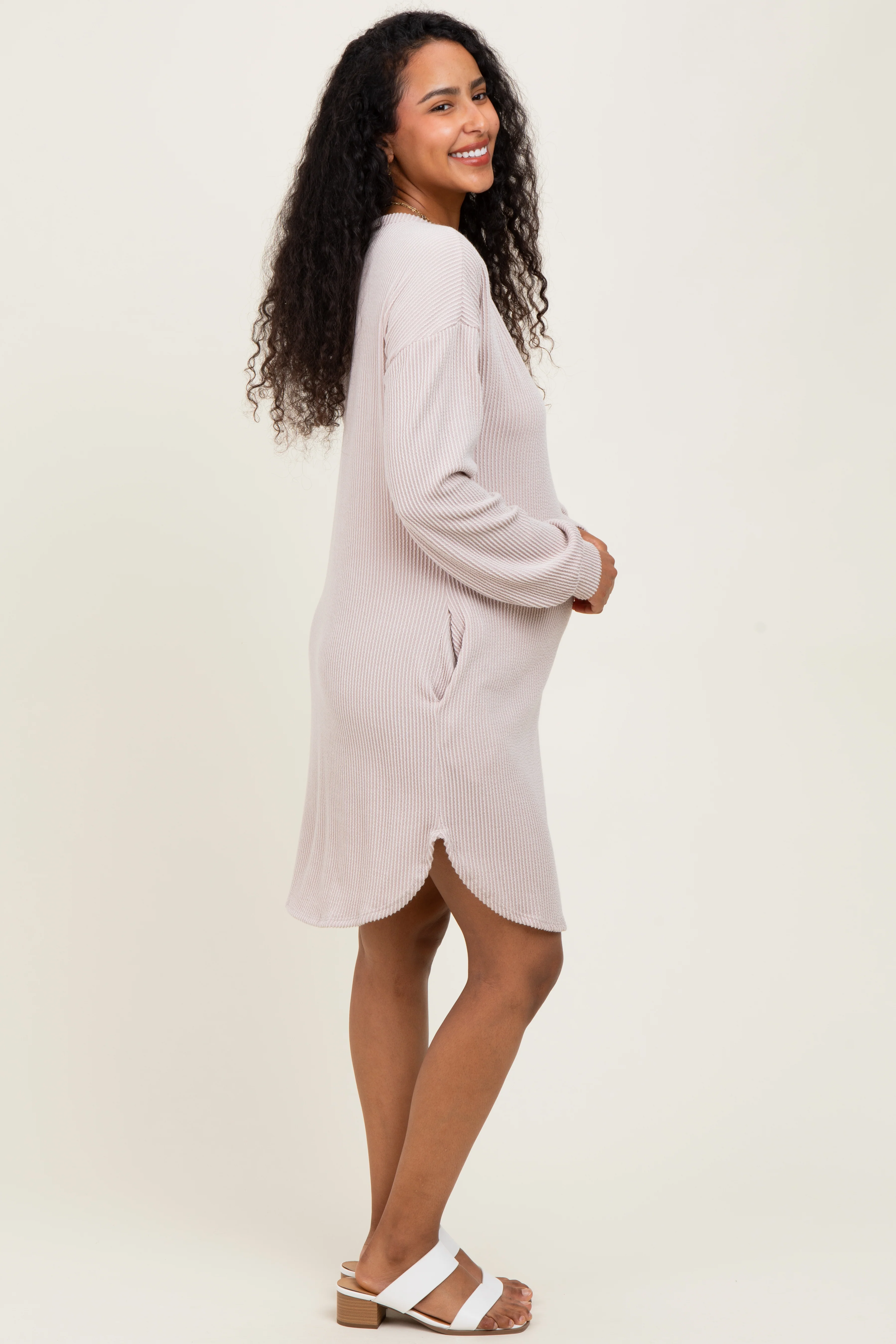 Beige Rib Knit Long Sleeve Maternity Dress - Image 3
