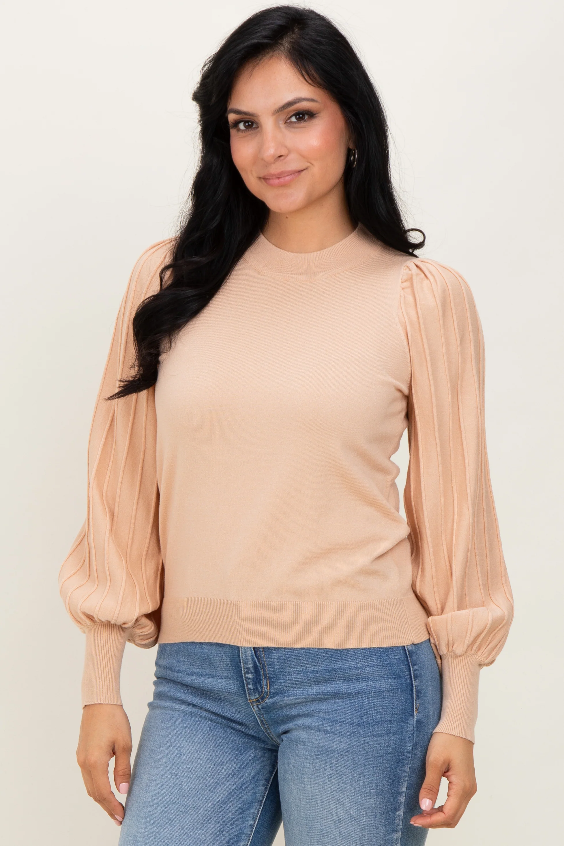 Beige Ribbed Bubble Sleeve Maternity Knit Top - Image 4
