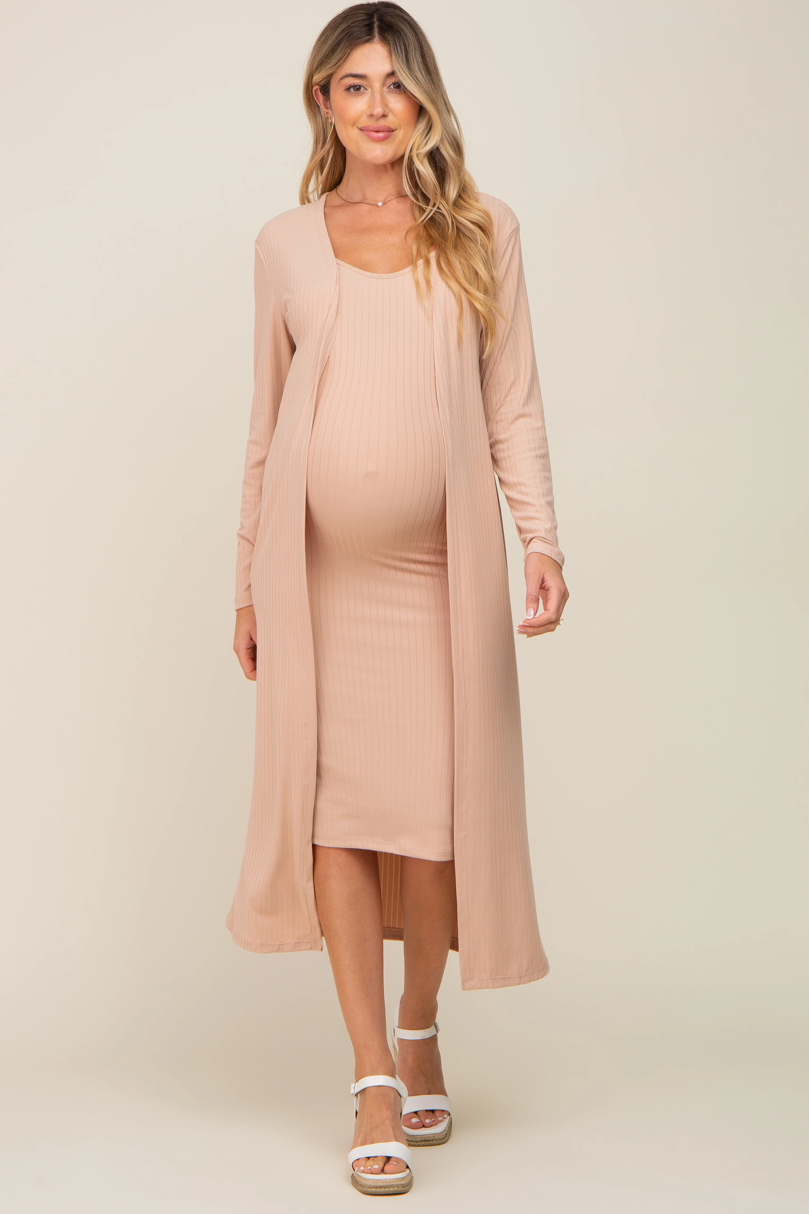Beige Ribbed Cardigan 2 Piece Maternity Set - Image 4