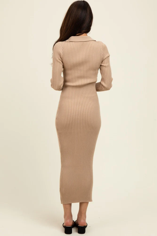 Beige Ribbed Knit Collared Sweater Dress - Image 5