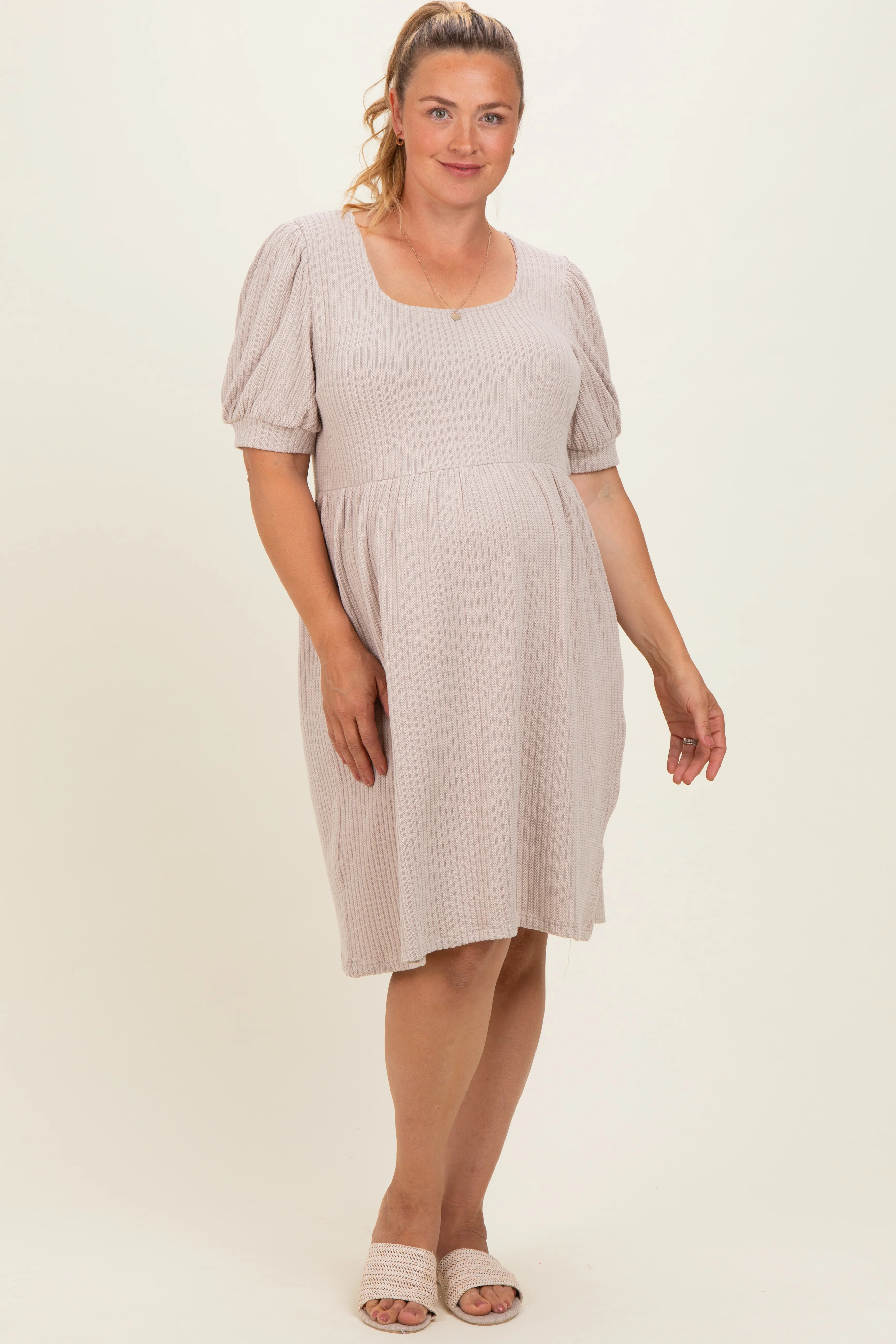 Beige Ribbed Knit Maternity Plus Midi Dress - Image 2
