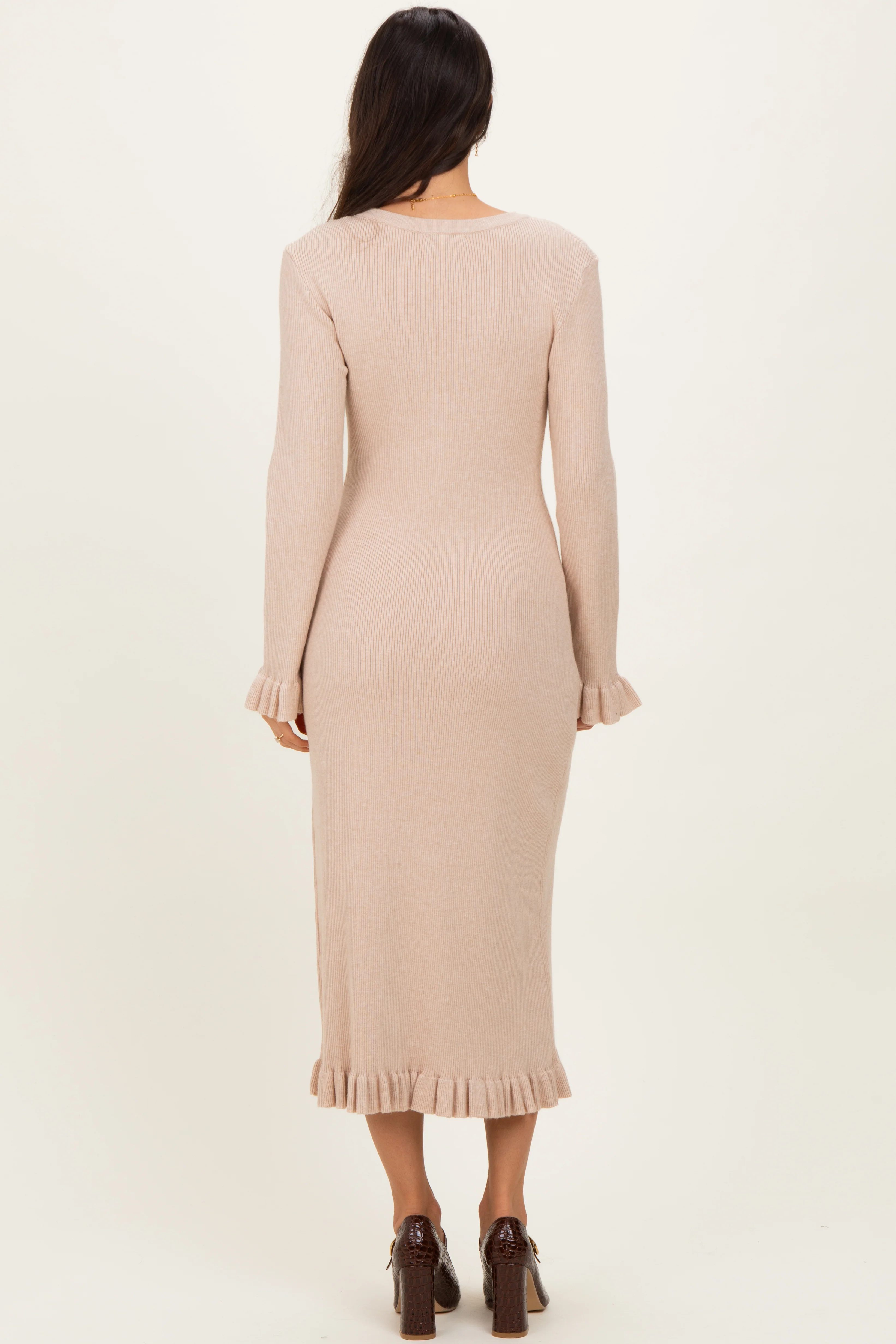 Beige Ribbed Knit Ruffle Trim Midi Sweater Dress - Image 4