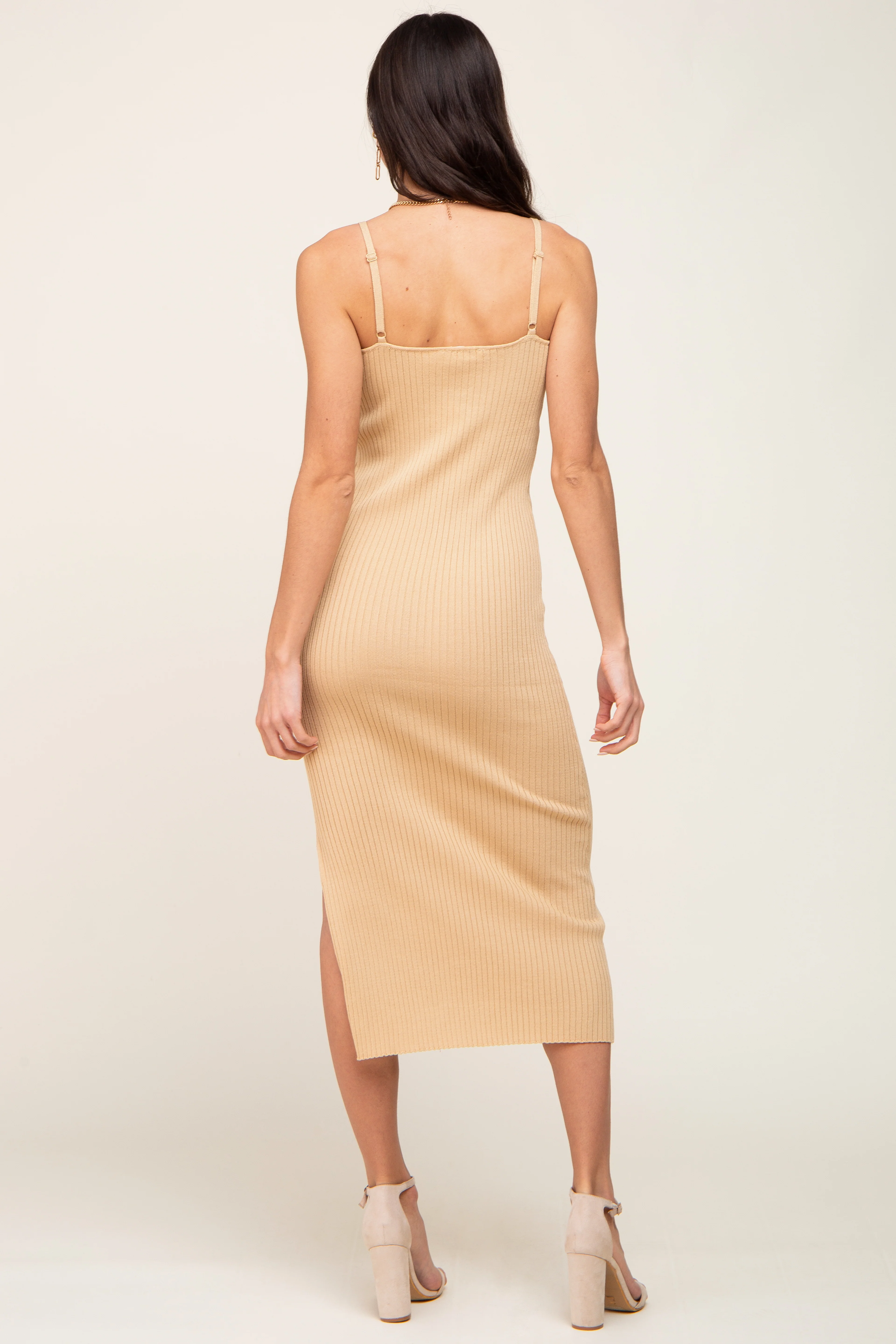 Beige Ribbed Knit Side Slit Midi Dress - Image 3