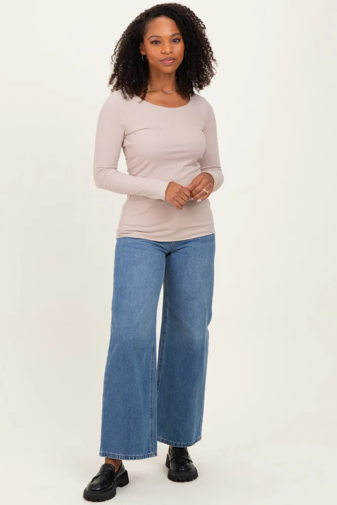 Beige Ribbed Long Sleeve Lettuce Trim Top - Image 2