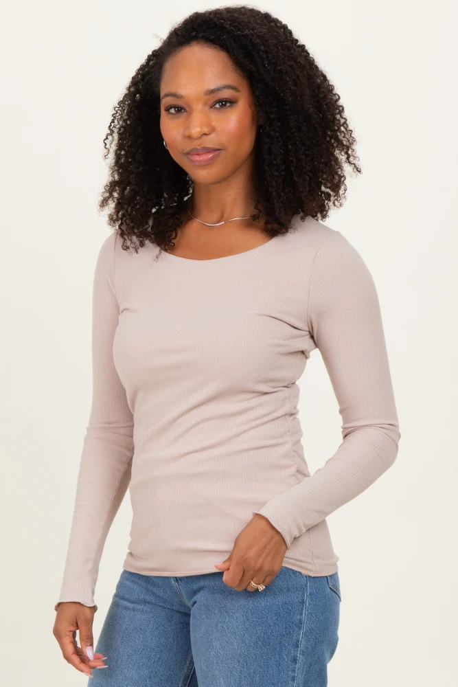 Beige Ribbed Long Sleeve Lettuce Trim Top - Image 3
