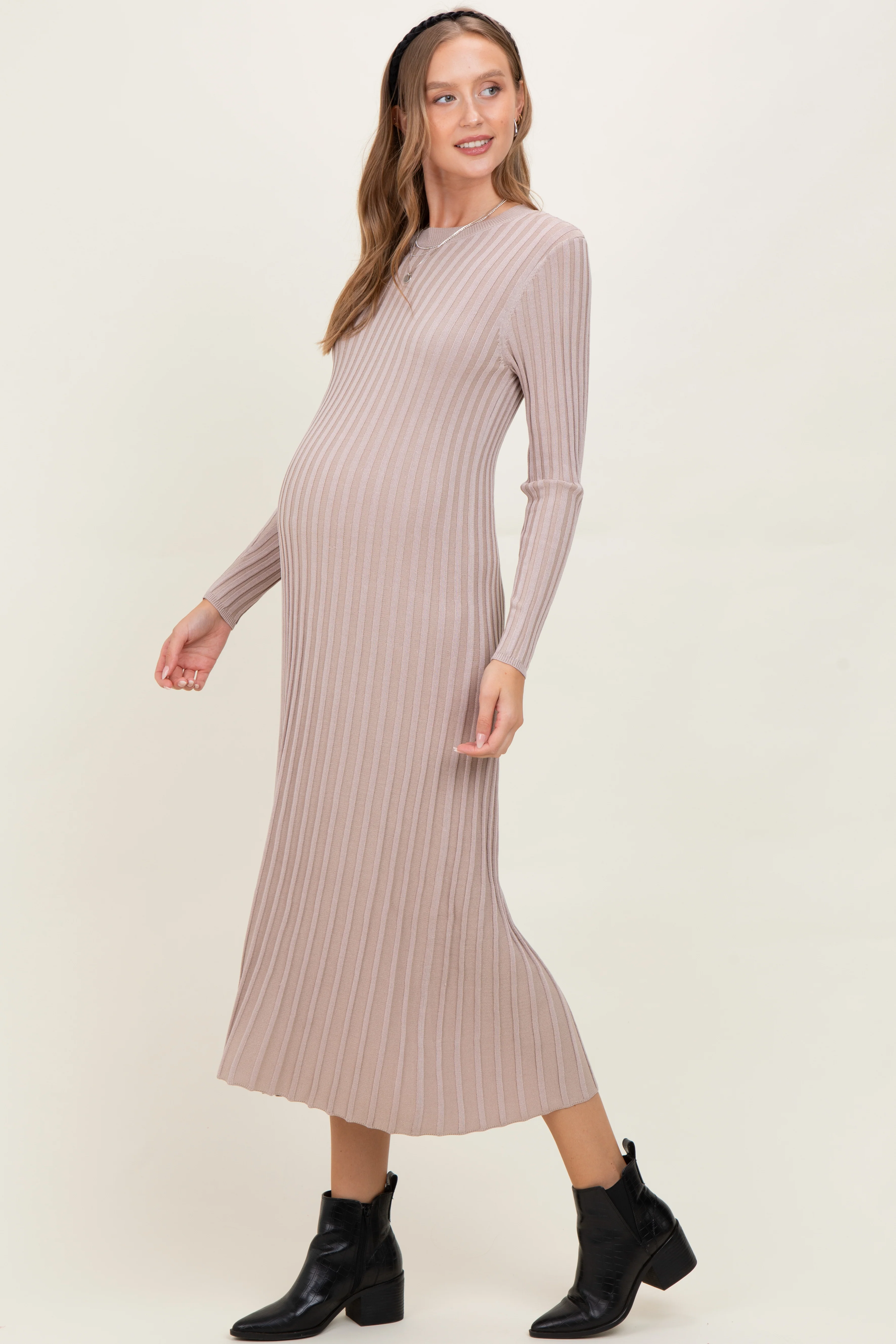 Beige Ribbed Long Sleeve Maternity Sweater Midi Dress - Image 3