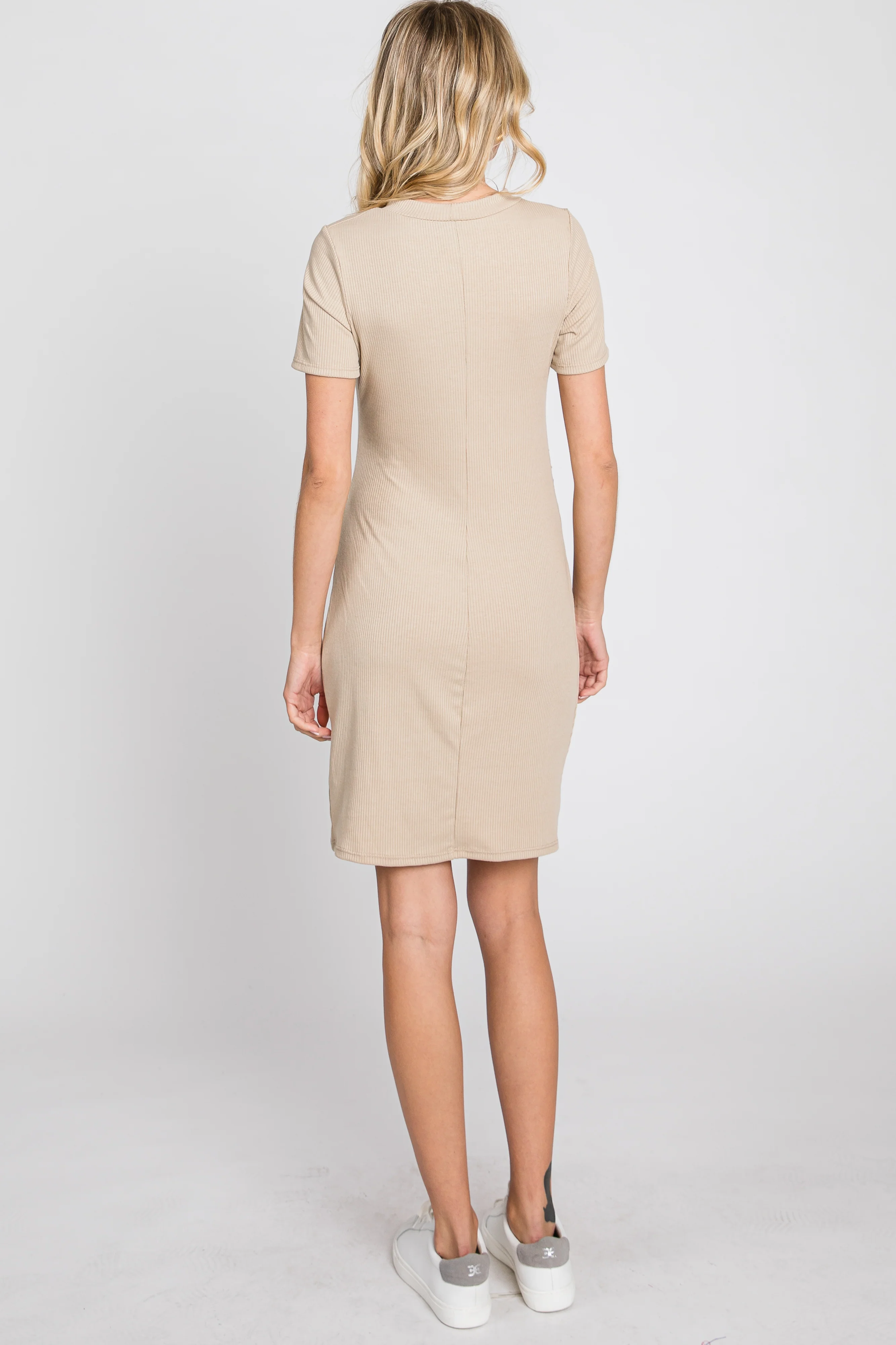 Beige Ribbed Ruched Side Fitted Short Sleeve Dress - Image 7
