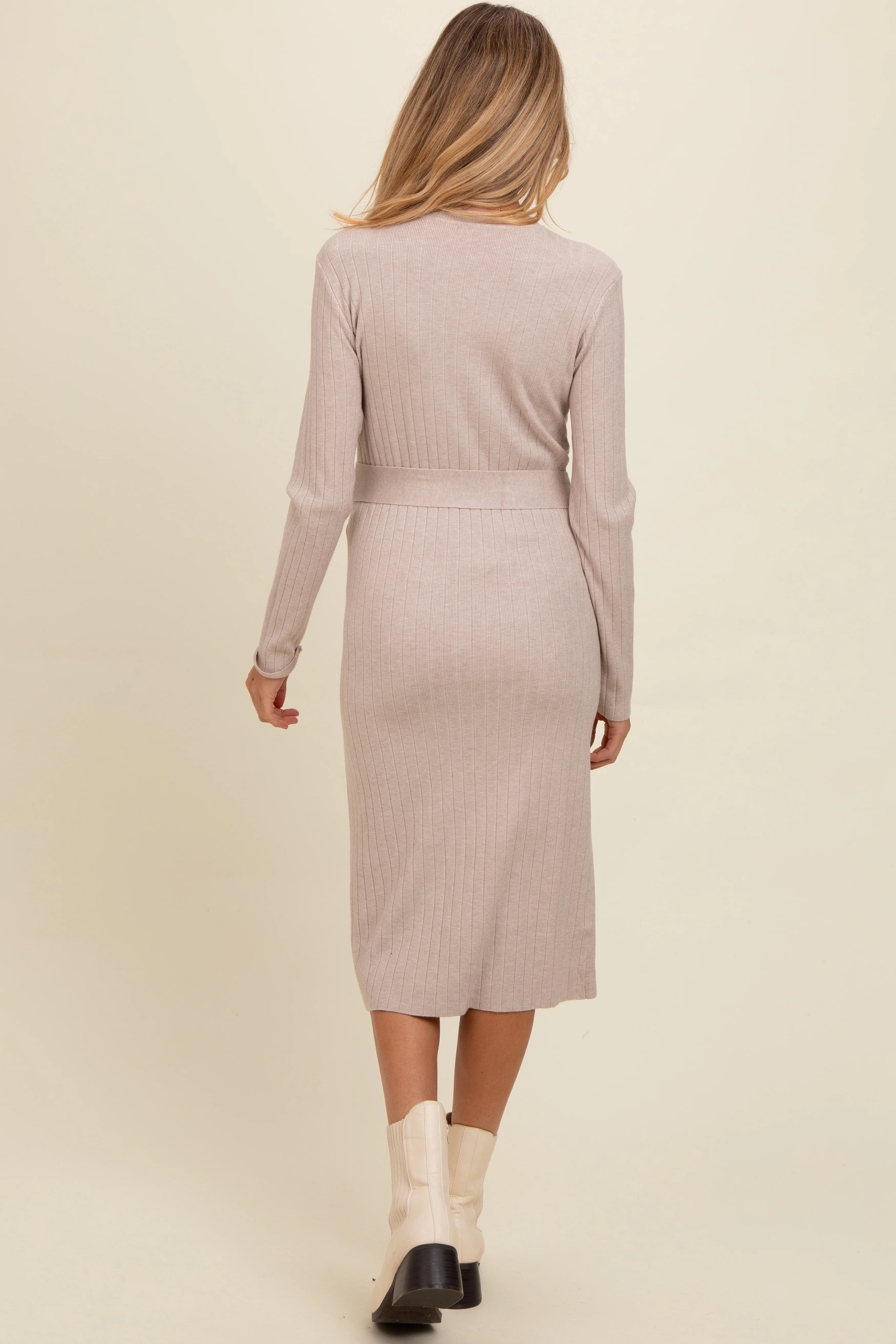 Beige Ribbed Sash Tie Maternity Midi Sweater Dress - Image 4