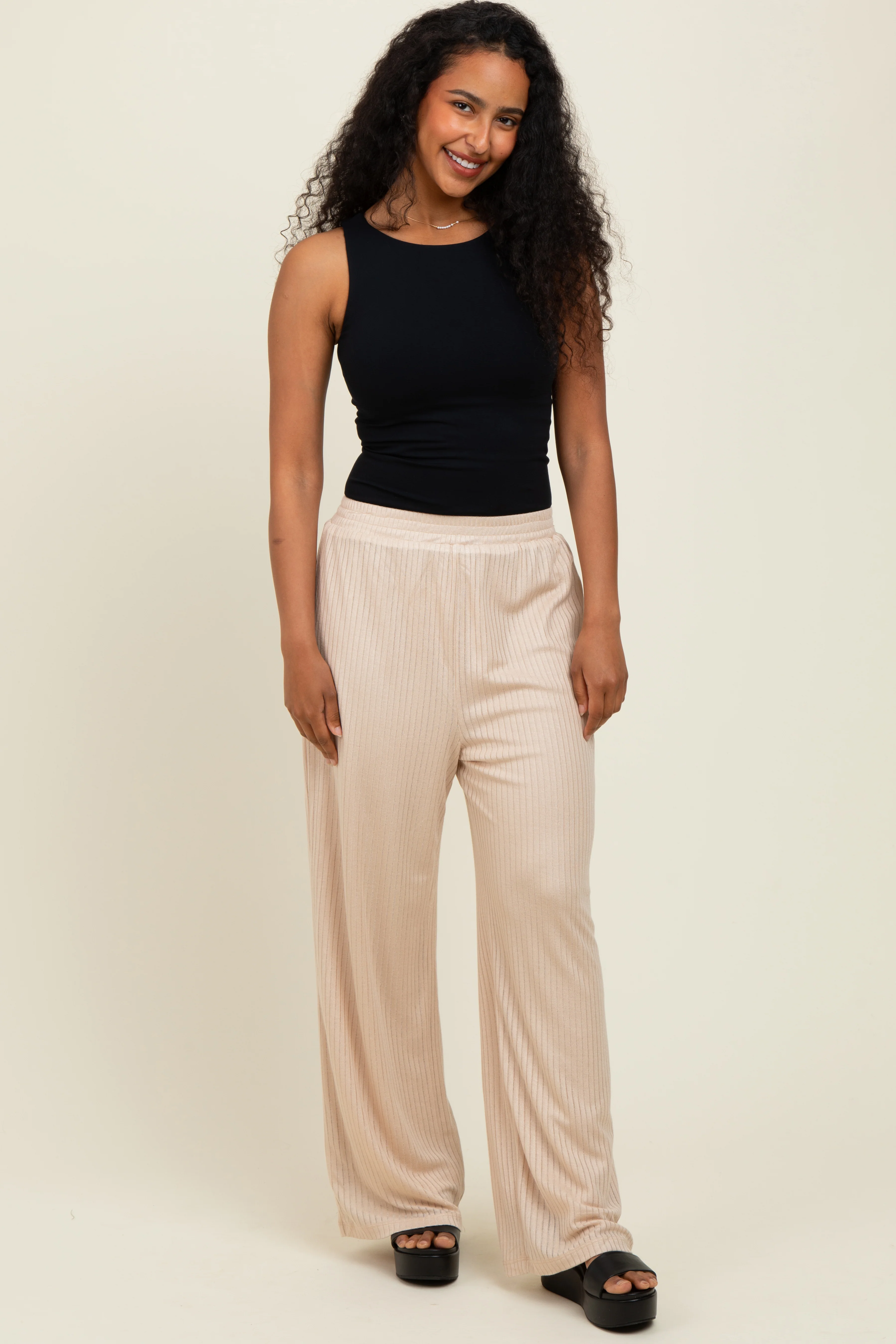 Beige Ribbed Side Pocket Lounge Pants - Image 2