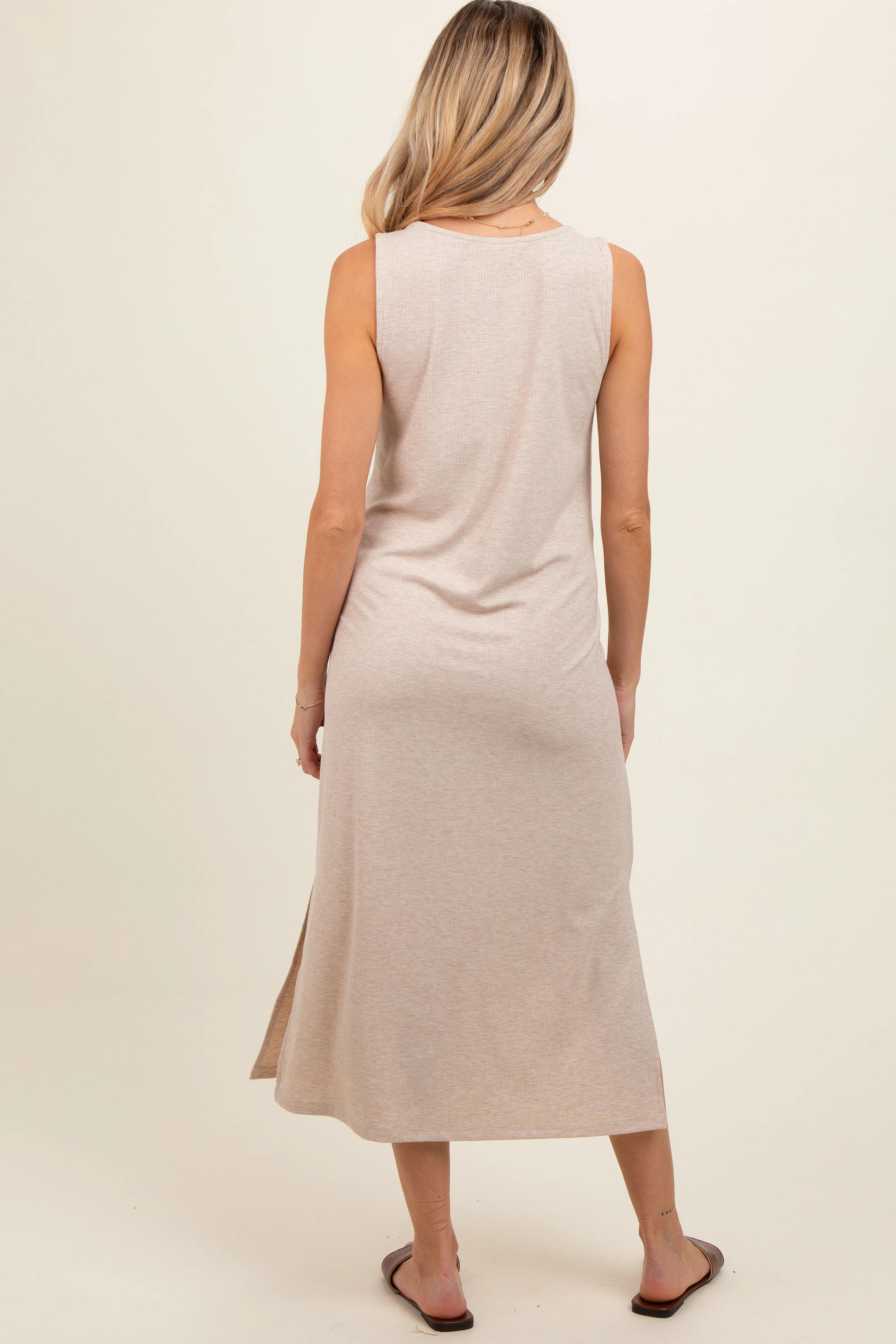 Beige Ribbed Sleeveless Maternity Midi Dress - Image 3