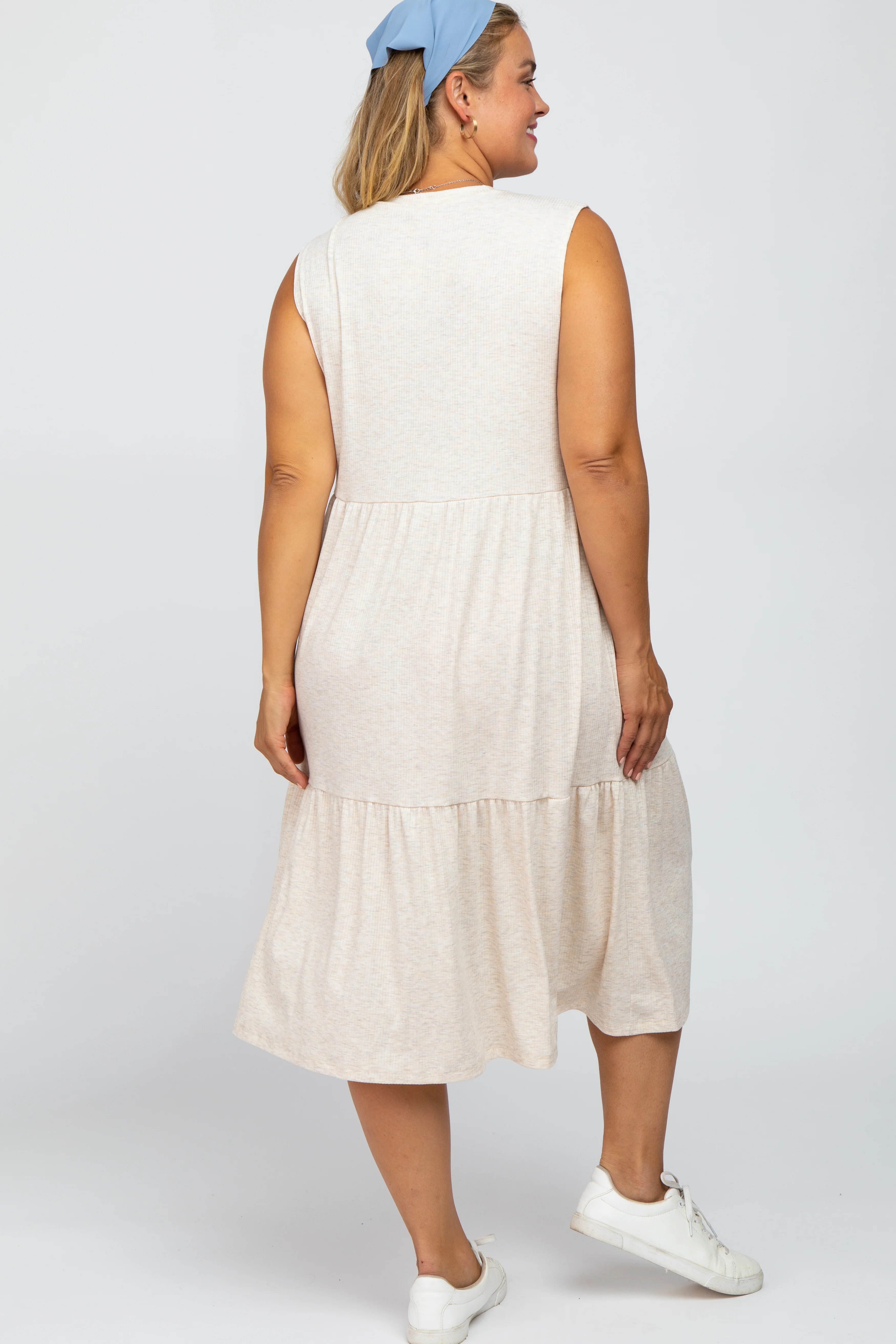 Beige Ribbed Sleeveless Plus Maternity Midi Dress - Image 3