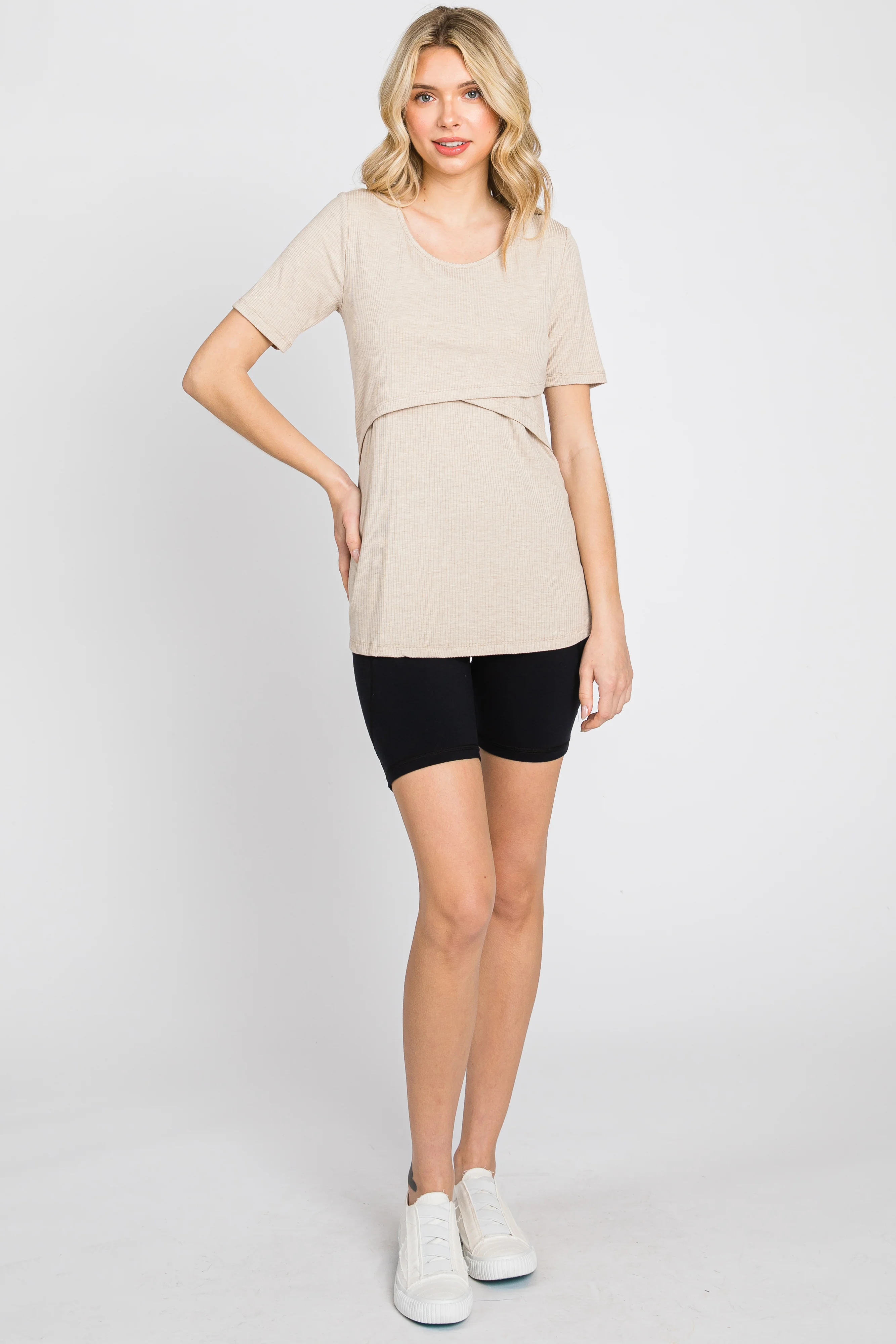 Beige Ribbed Wrap Front Nursing Top - Image 3