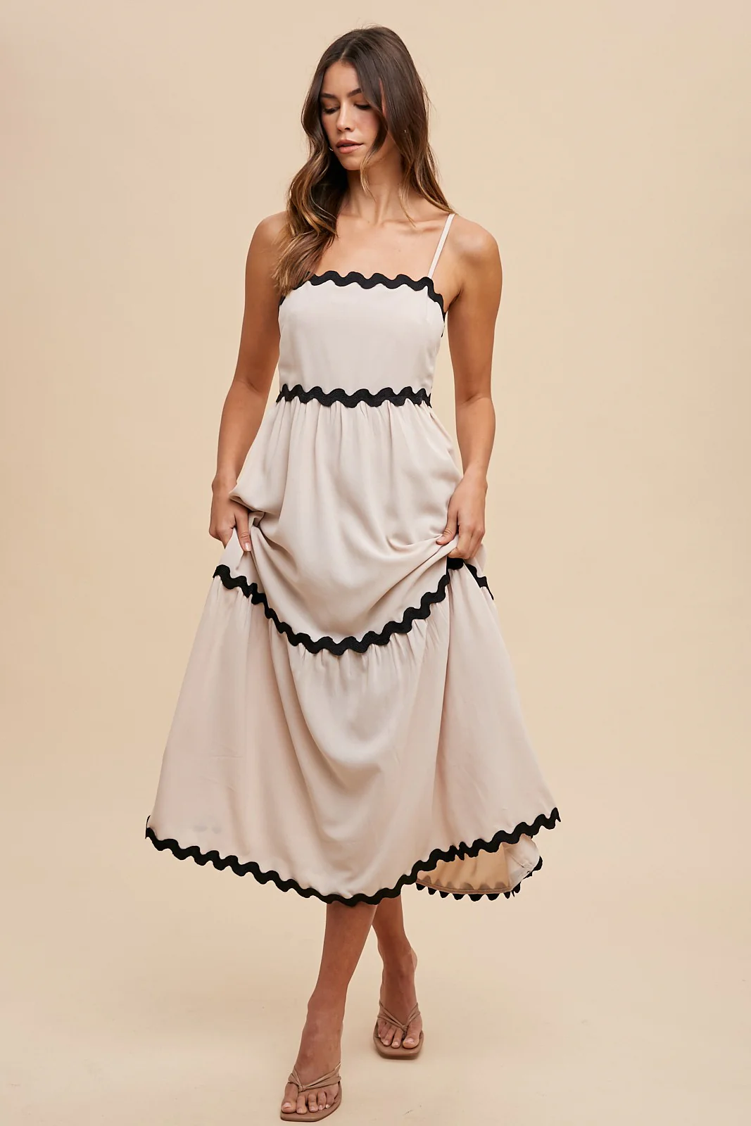 Beige Ric Rac Trim Tiered Midi Dress - Image 4