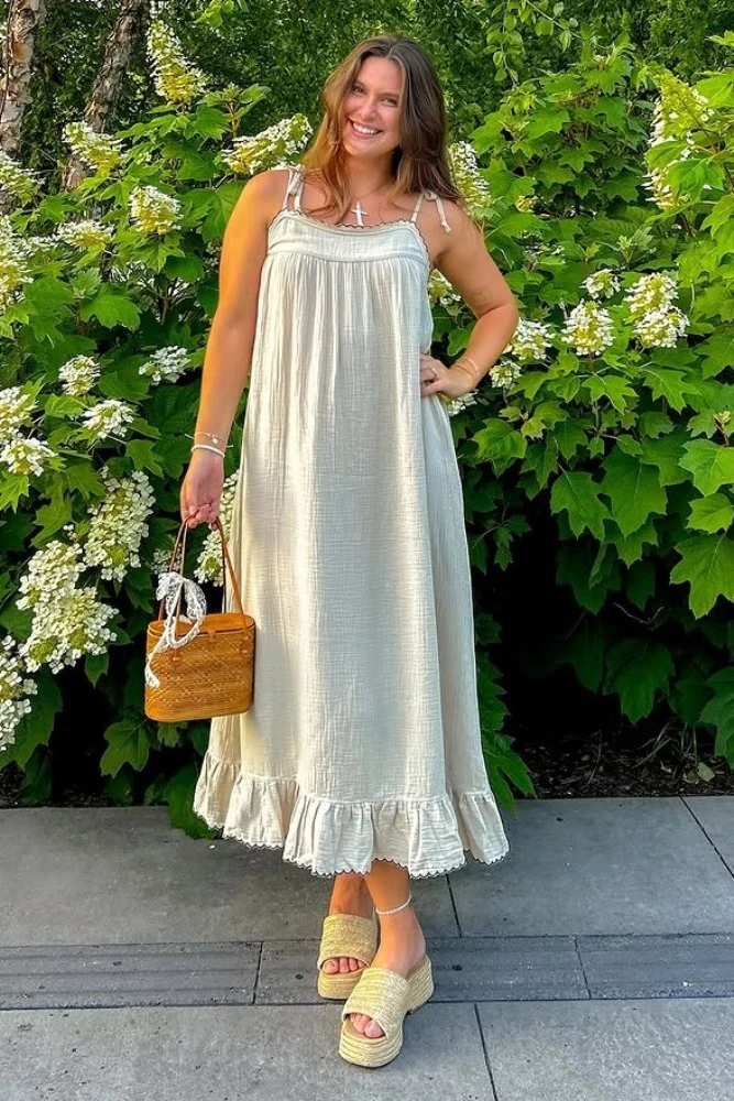 Beige Scallop Trim Shoulder Tie Maternity Maxi Dress - Image 4