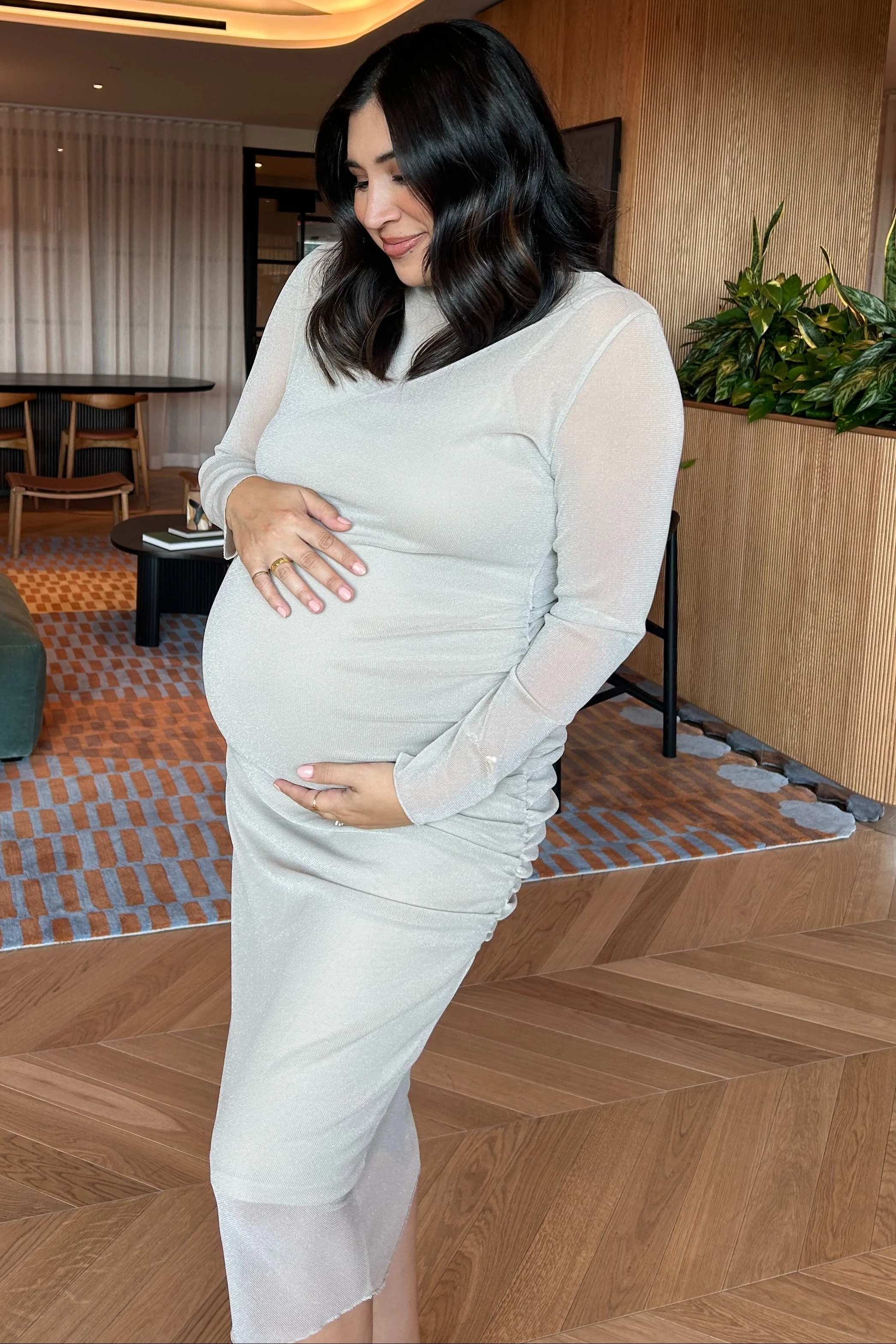 Beige Shimmer Mesh Long Sleeve Ruched Maternity Midi Dress - Image 5