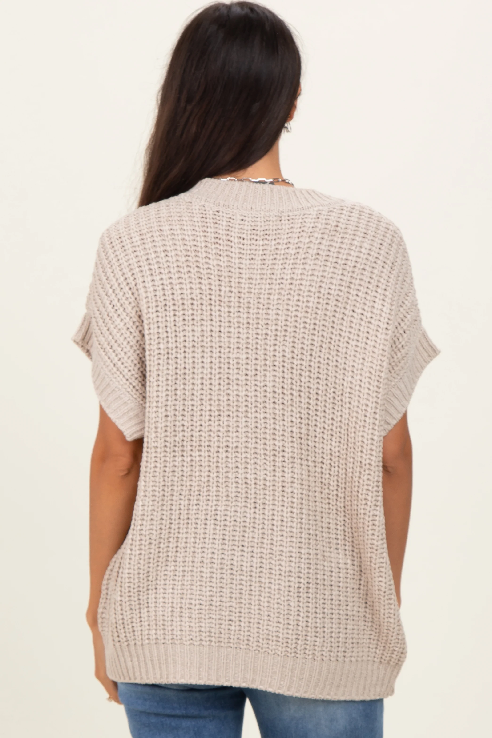 Beige Short Sleeve Round Neck Sweater - Image 5