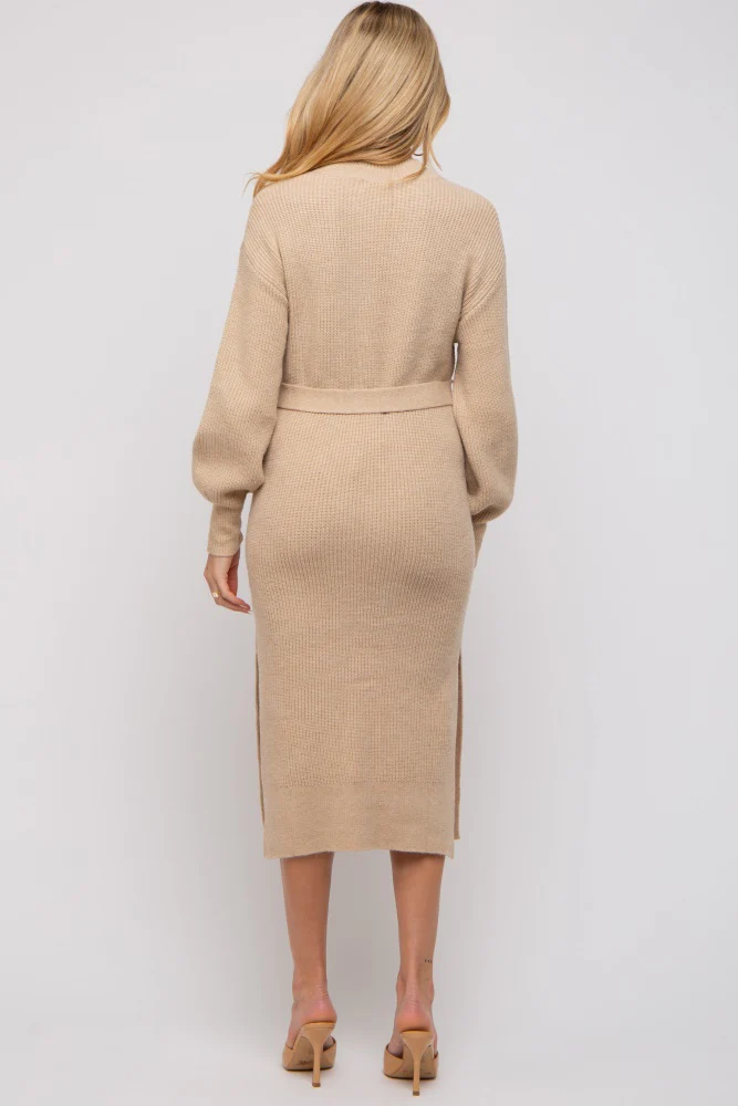 Beige Side Slit Maternity Sweater Midi Dress - Image 3