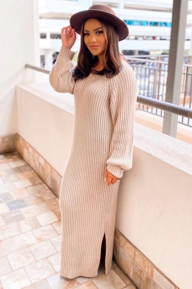 Beige Side Slit Maxi Sweater Dress - Image 20