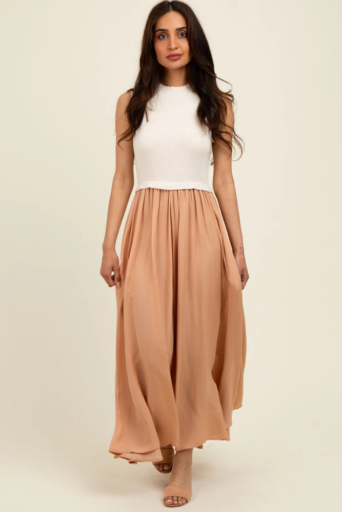 Beige Sleeveless Half Sweater And Satin Skirt Midi Dress - Image 2