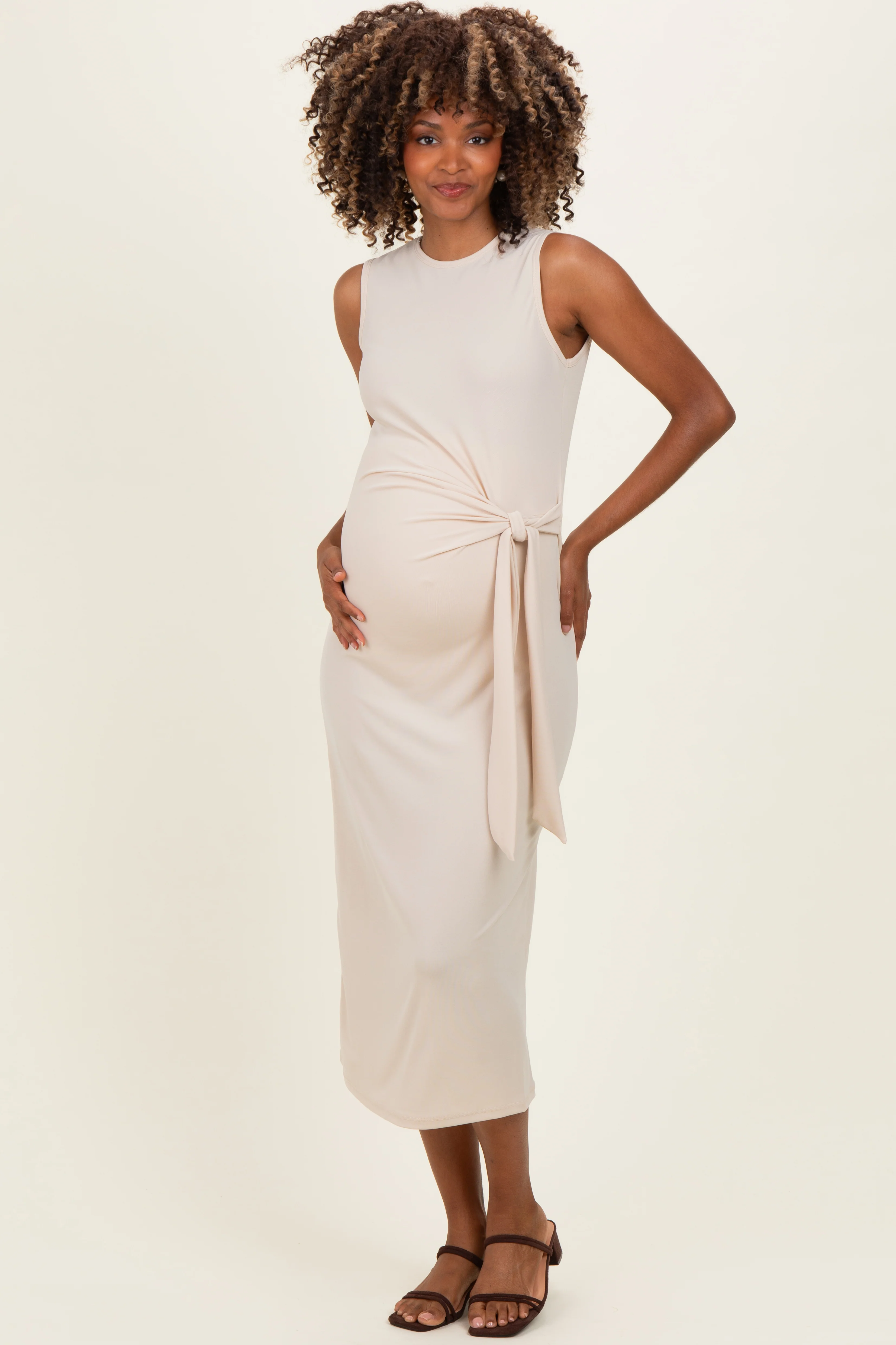 Beige Sleeveless Waist Tie Maternity Midi Dress - Image 3