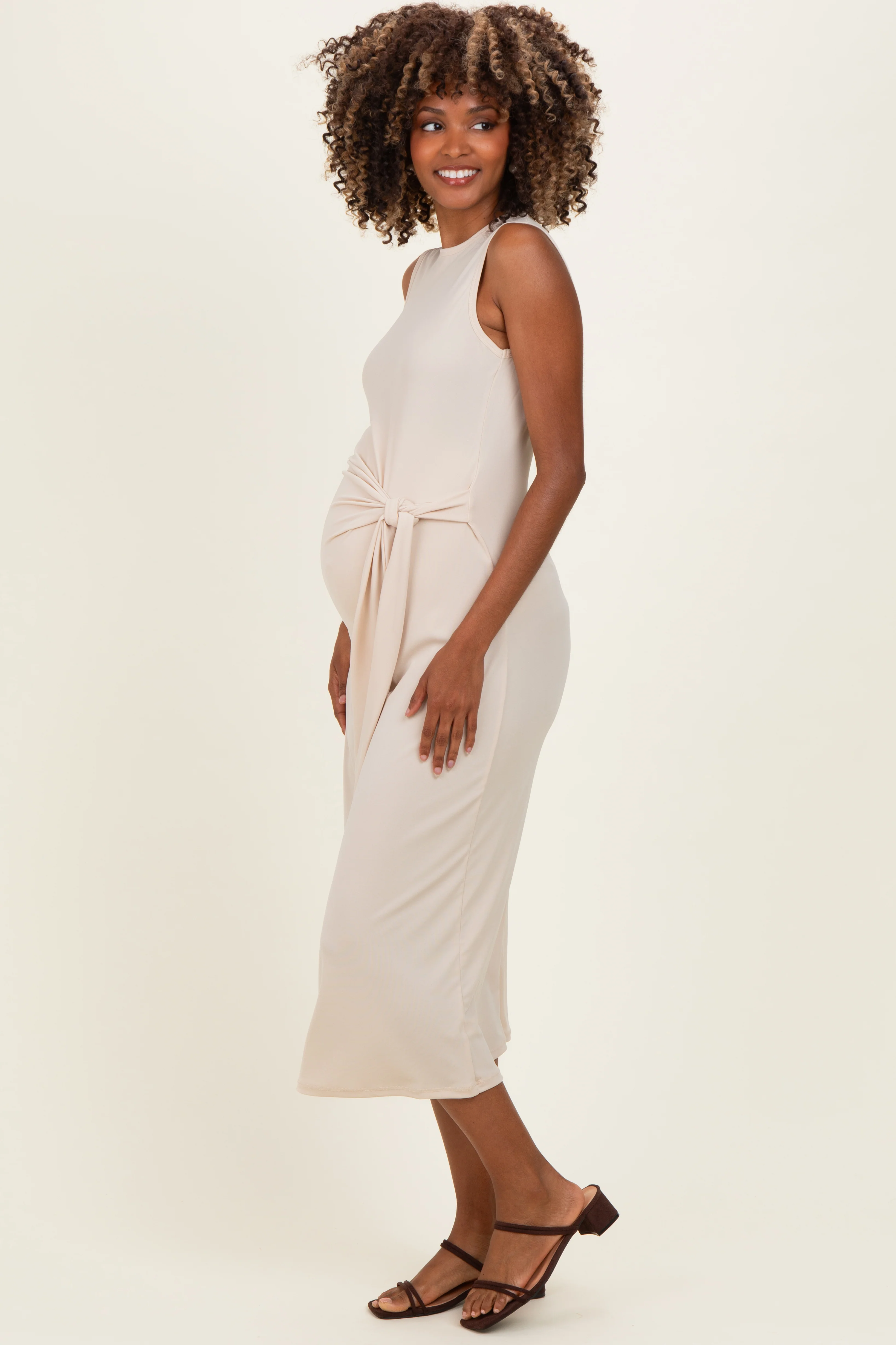 Beige Sleeveless Waist Tie Maternity Midi Dress - Image 4