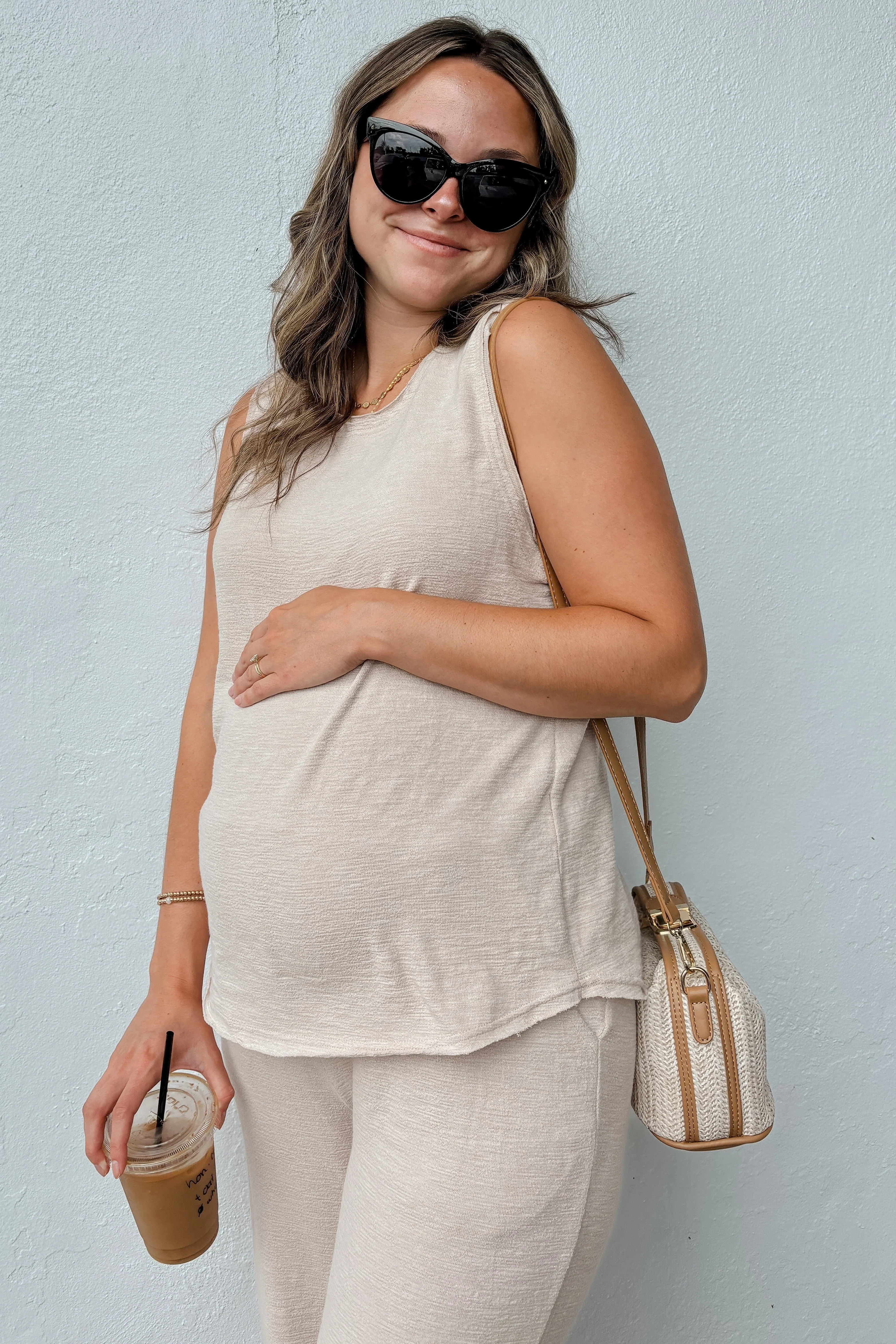 Beige Slub Knit Maternity Pants Set - Image 6