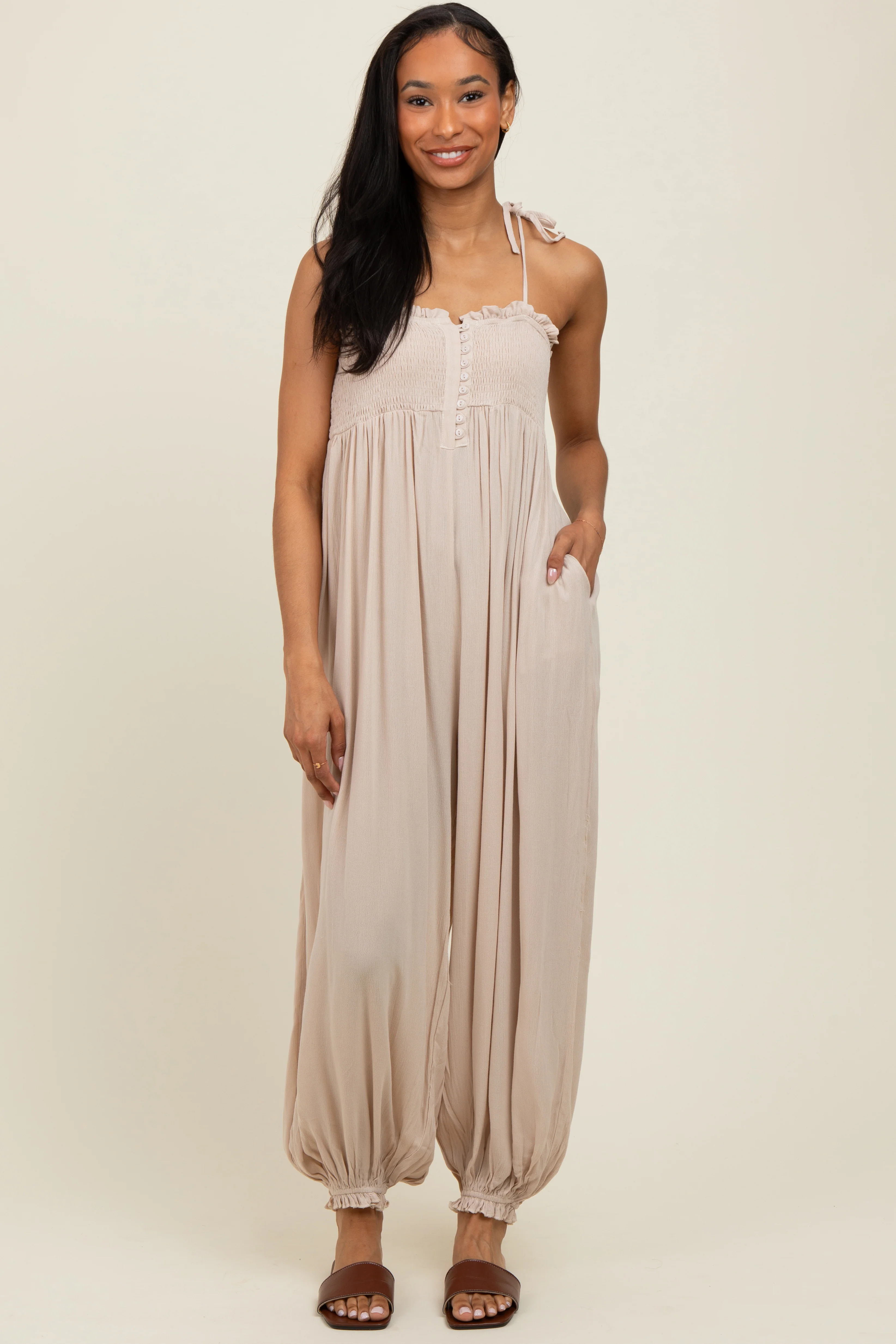 Beige Smocked Button Front Shoulder Tie Jumpsuit - Image 2
