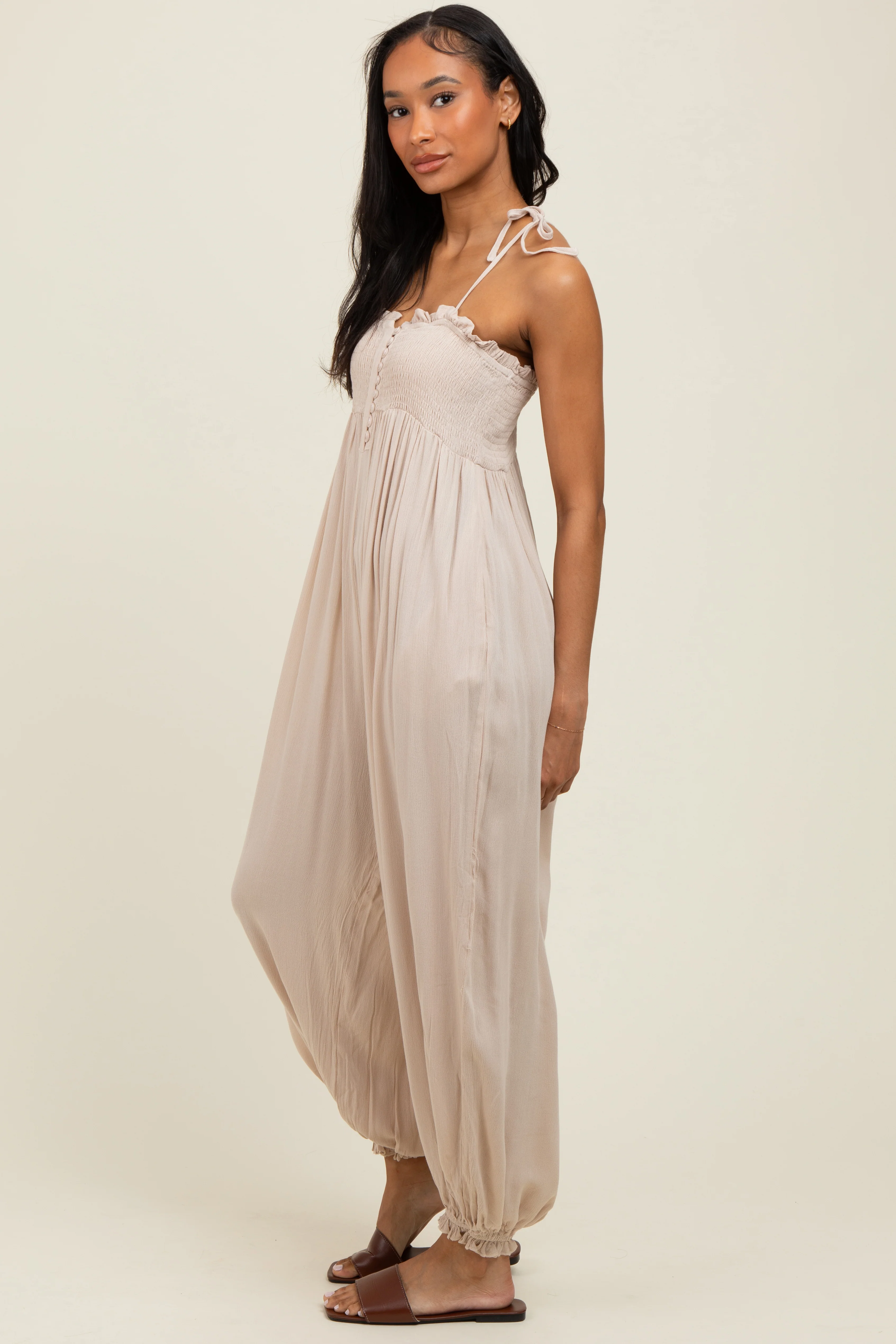 Beige Smocked Button Front Shoulder Tie Jumpsuit - Image 3