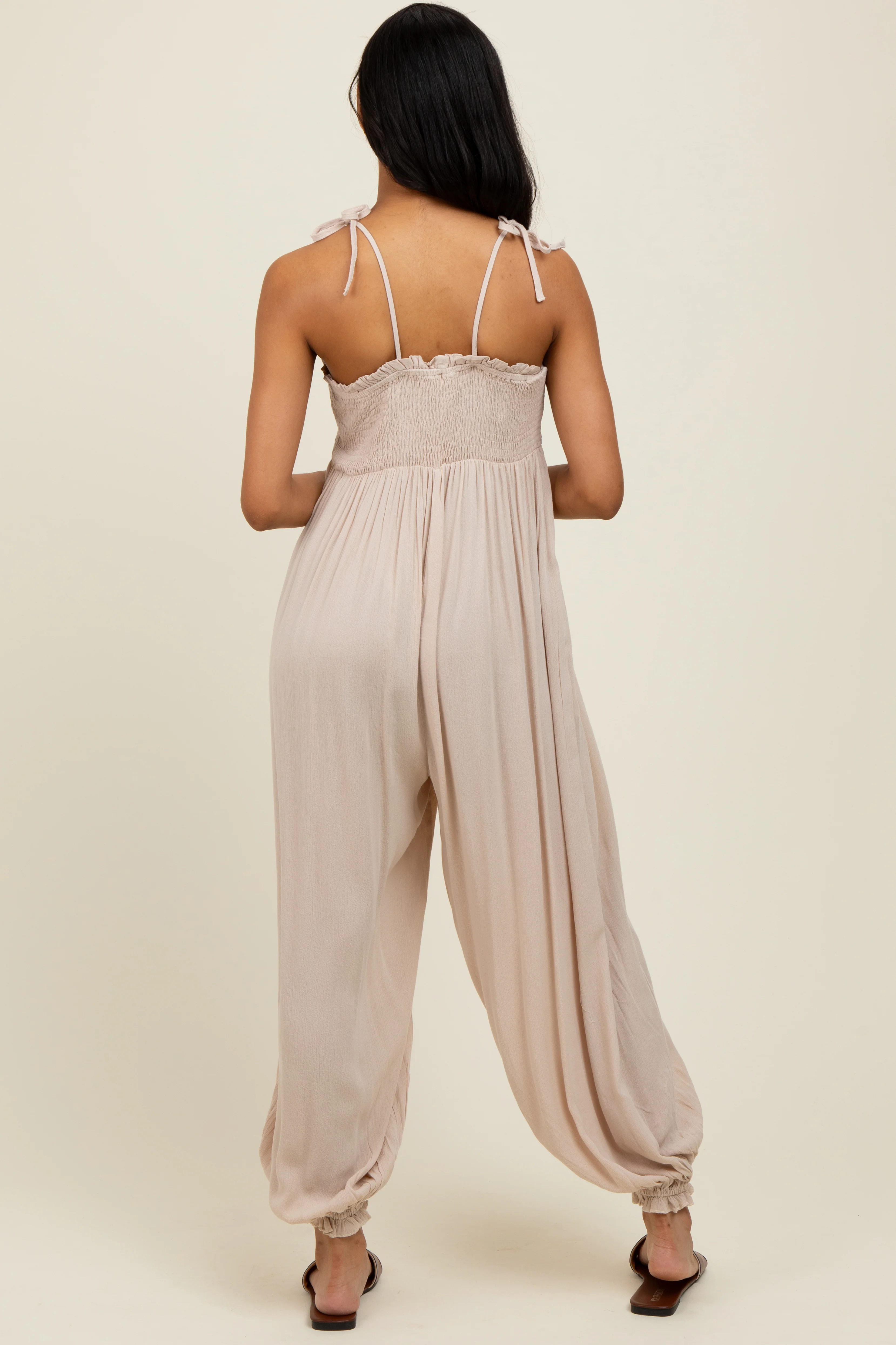 Beige Smocked Button Front Shoulder Tie Jumpsuit - Image 4