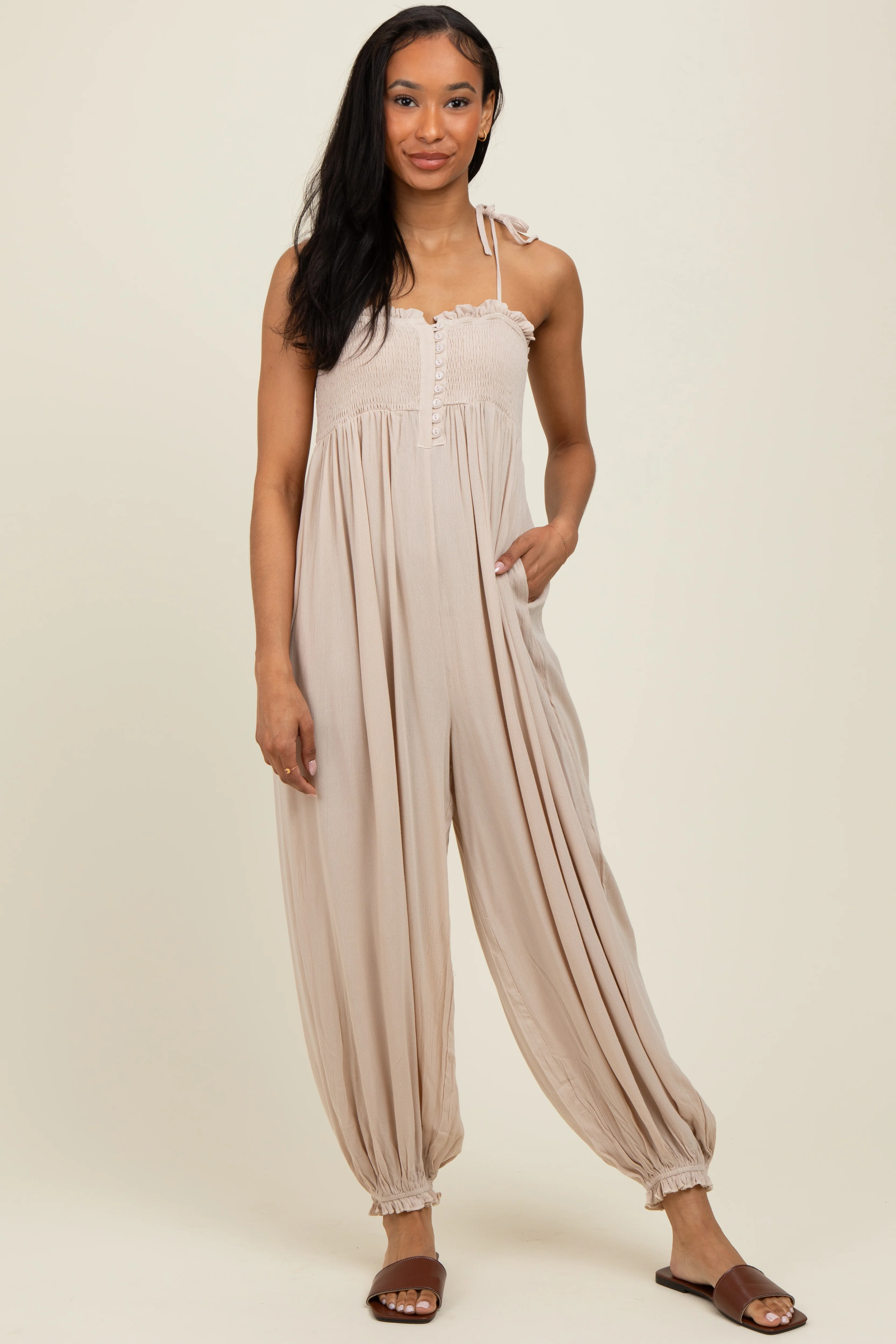 Beige Smocked Button Front Shoulder Tie Maternity Jumpsuit - Image 4