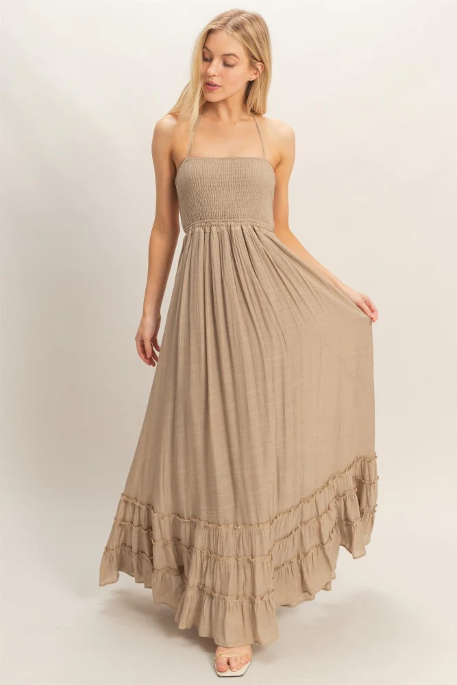 Beige Smocked Halter Open Back Maxi Dress - Image 2
