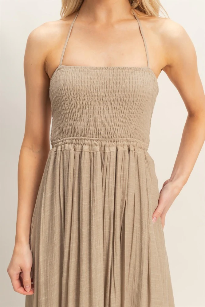 Beige Smocked Halter Open Back Maxi Dress - Image 6
