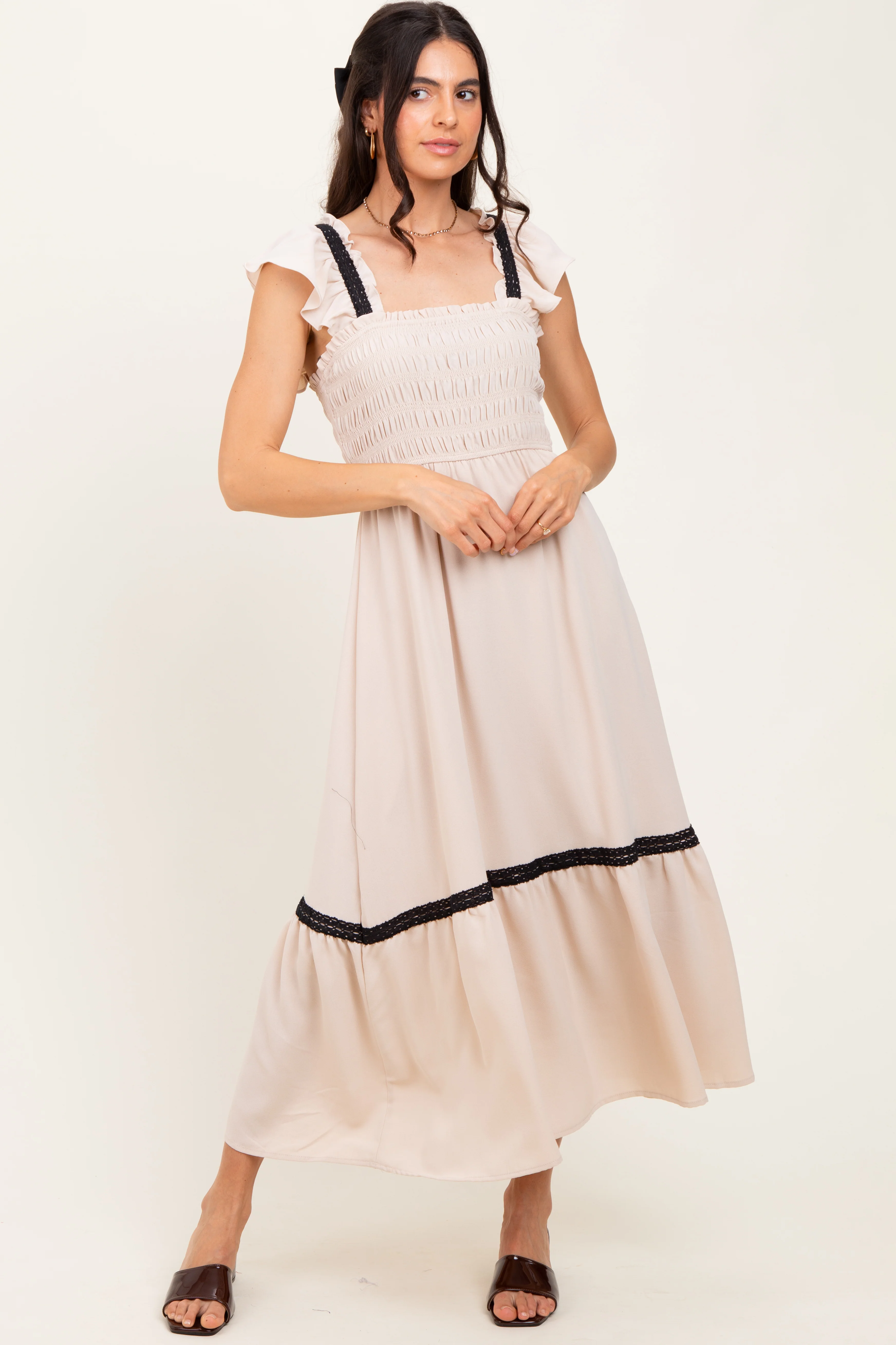 Beige  Smocked Lace Detail Maternity Midi Dress - Image 3